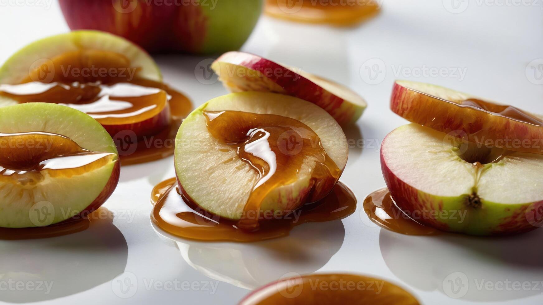 Sliced apples drizzled with caramel, showcasing a delicious dessert option. photo