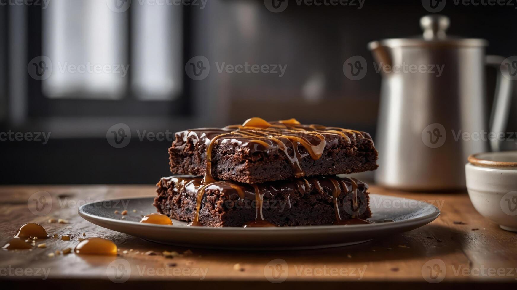 Two decadent chocolate brownies drizzled with caramel on a rustic wooden table. photo