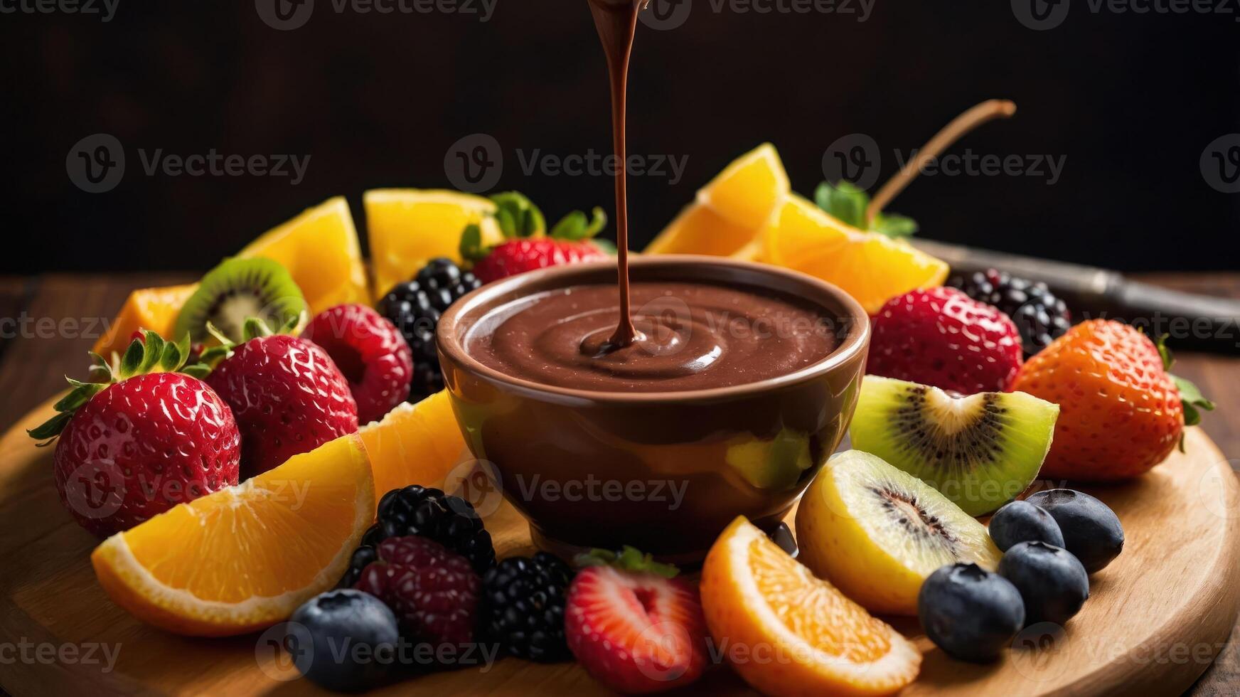 A platter of fresh fruits with a bowl of chocolate sauce for dipping. photo