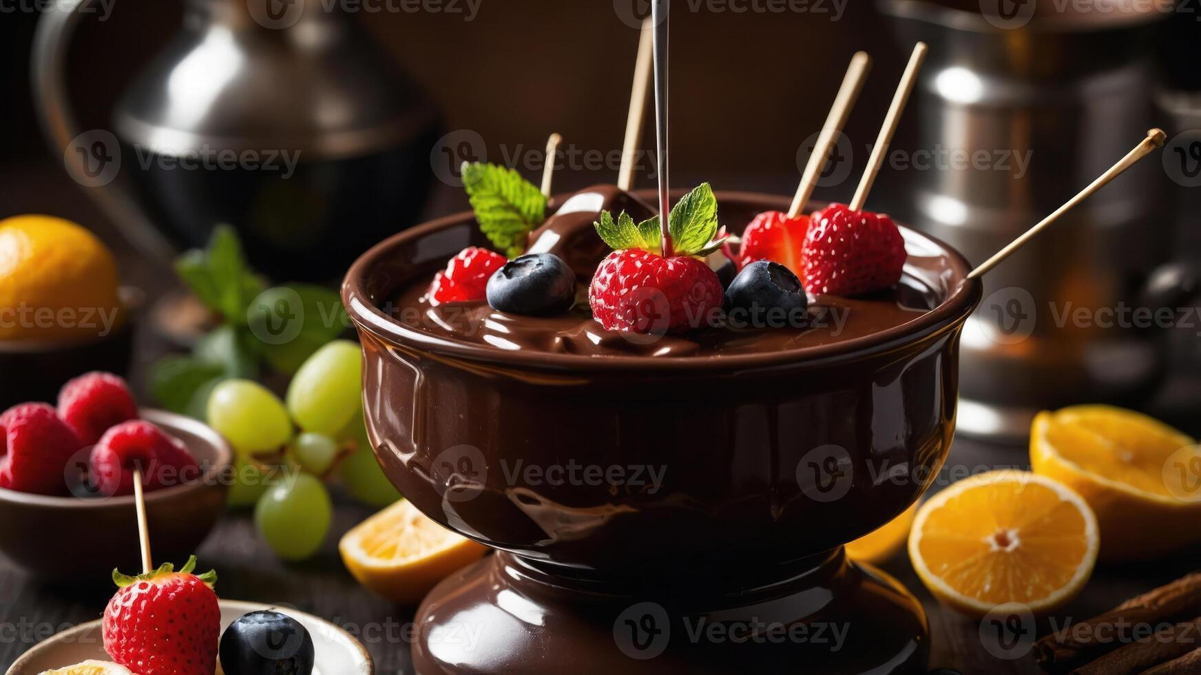 A chocolate fondue pot surrounded by fresh fruits for dipping. photo
