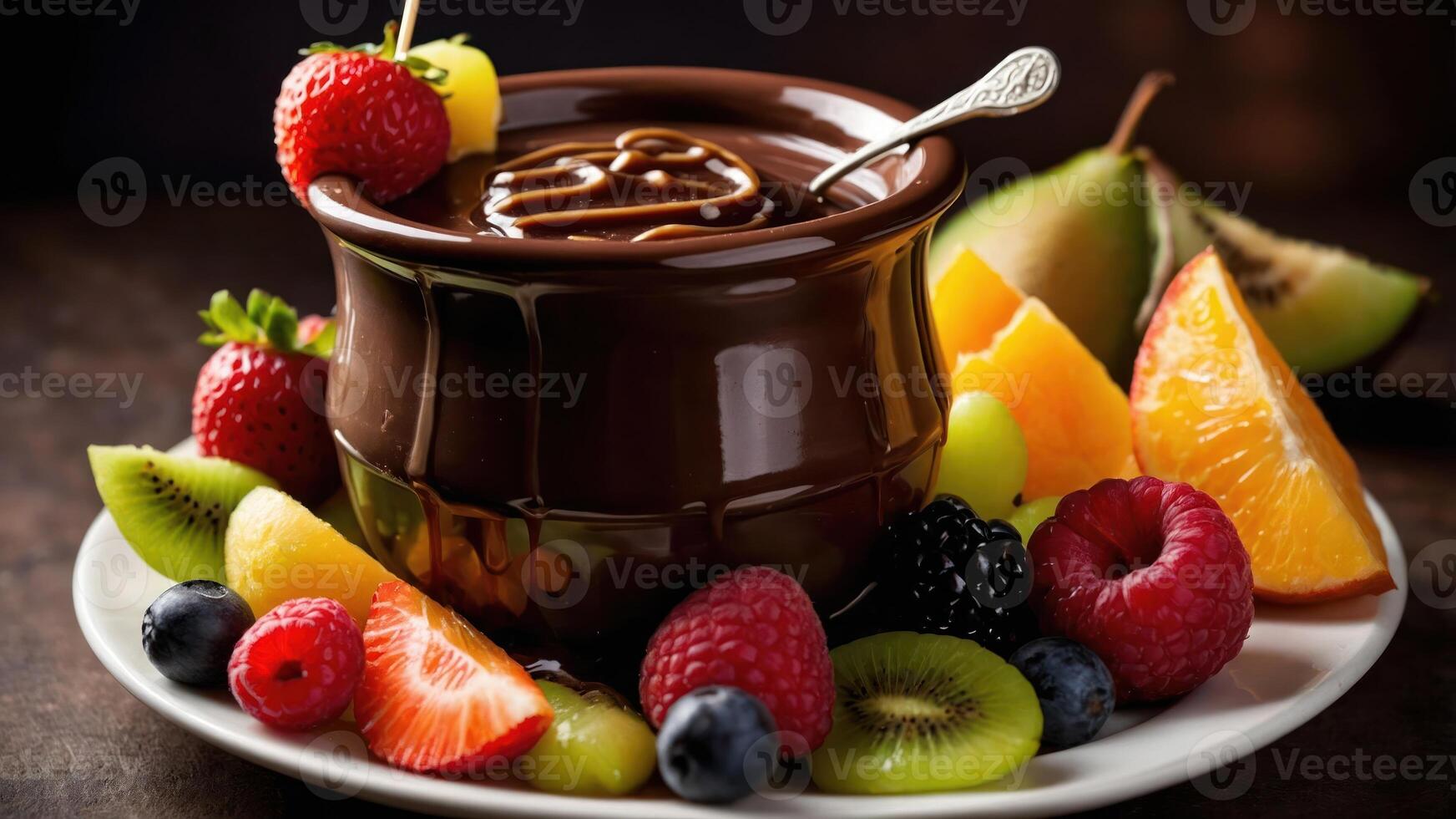 A rich chocolate fondue surrounded by an assortment of fresh fruits for dipping. photo