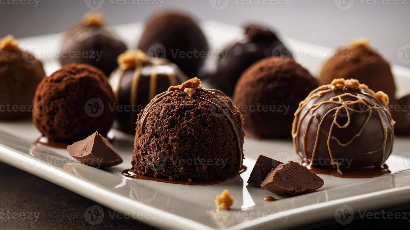 A plate of assorted chocolate truffles and confections, showcasing rich textures and flavors. photo