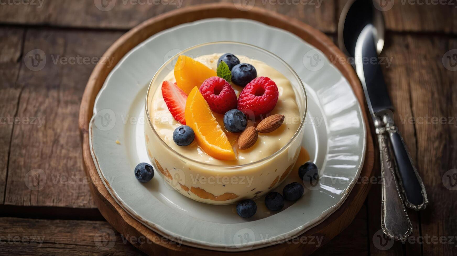 A dessert featuring creamy custard topped with fresh fruits and nuts, served in a glass dish. photo