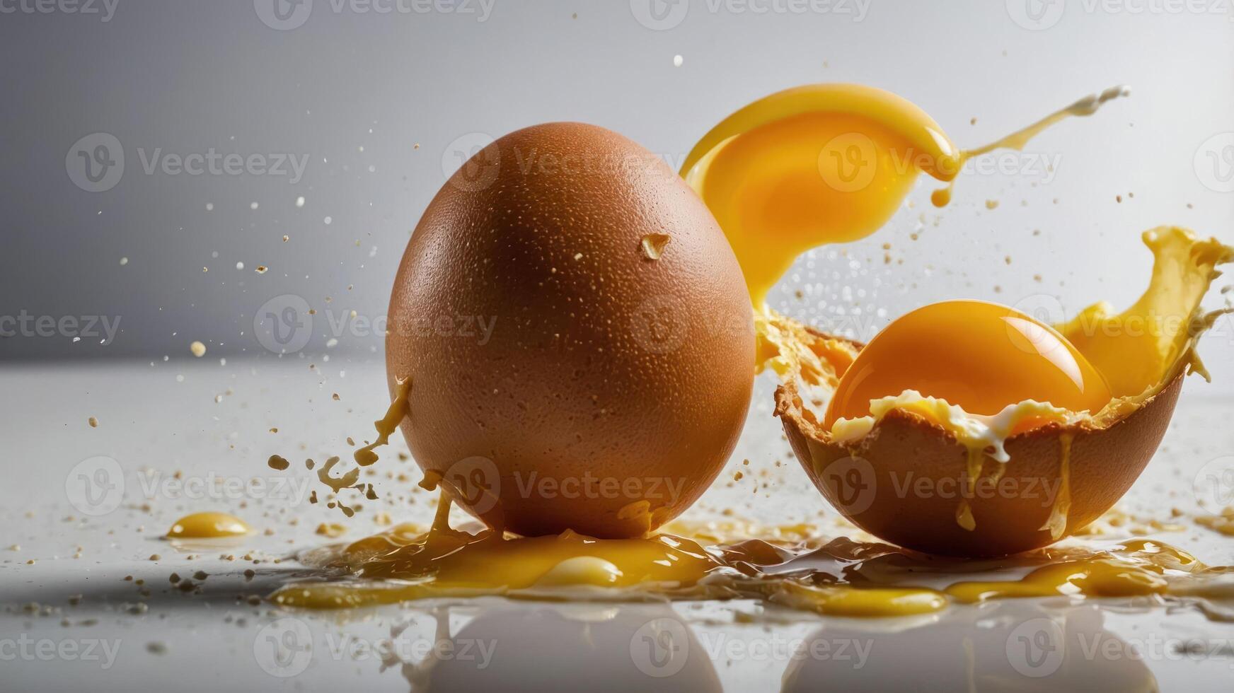 A close-up of two eggs, one cracked with yolk spilling out, showcasing food imagery. photo