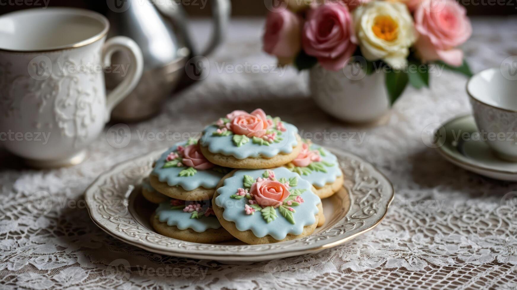 A beautifully arranged plate of decorated cookies with flowers and elegant tableware. photo