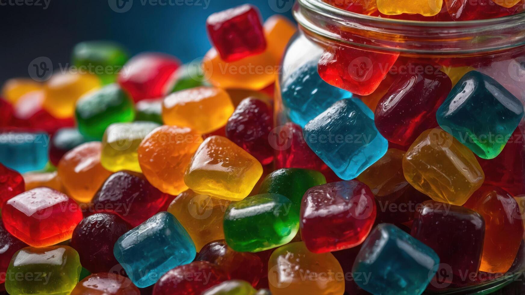 A colorful assortment of gummy candies spilling from a jar, showcasing vibrant textures. photo