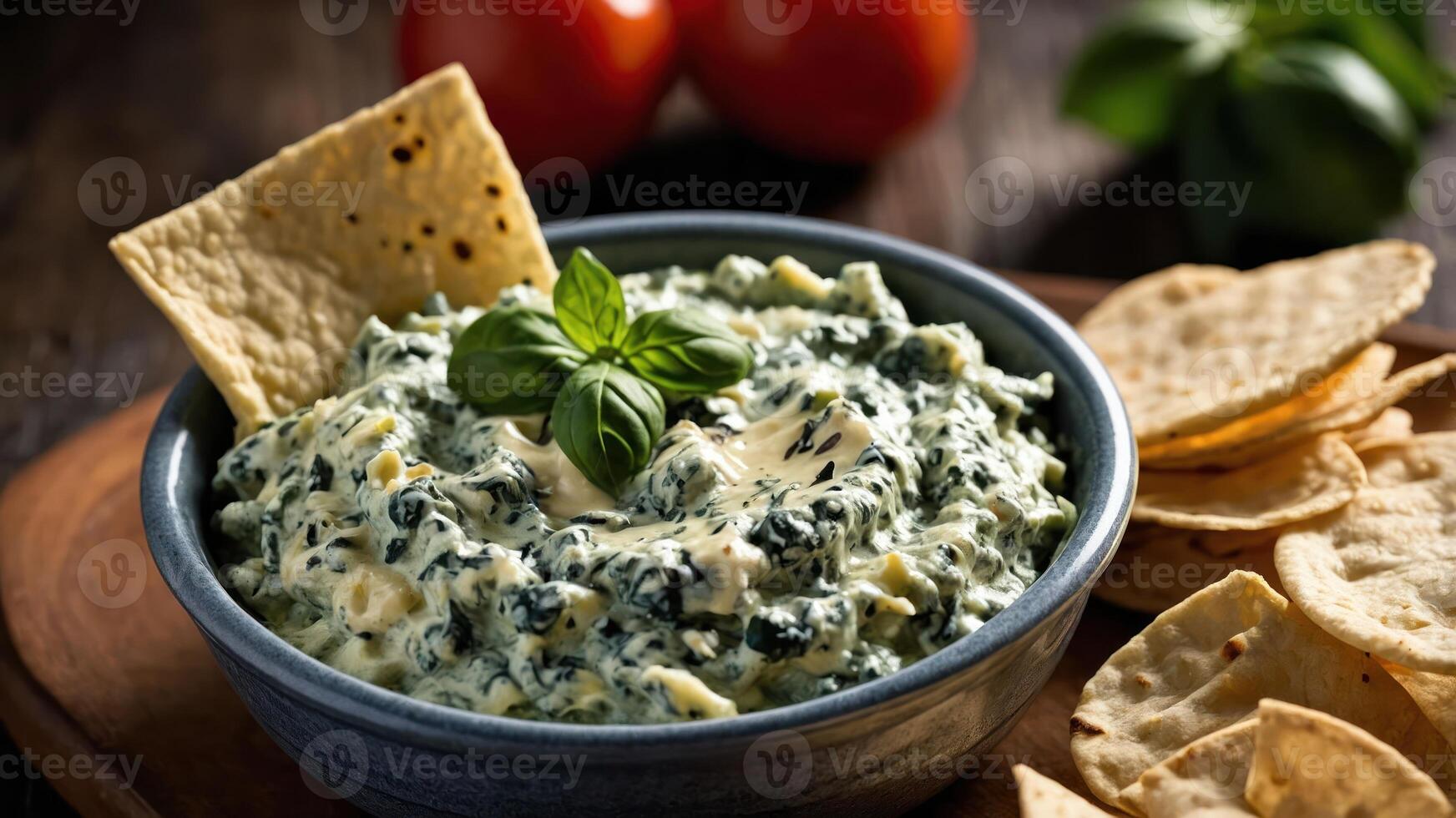 Creamy spinach dip served with chips, garnished with basil and tomatoes in the background. photo