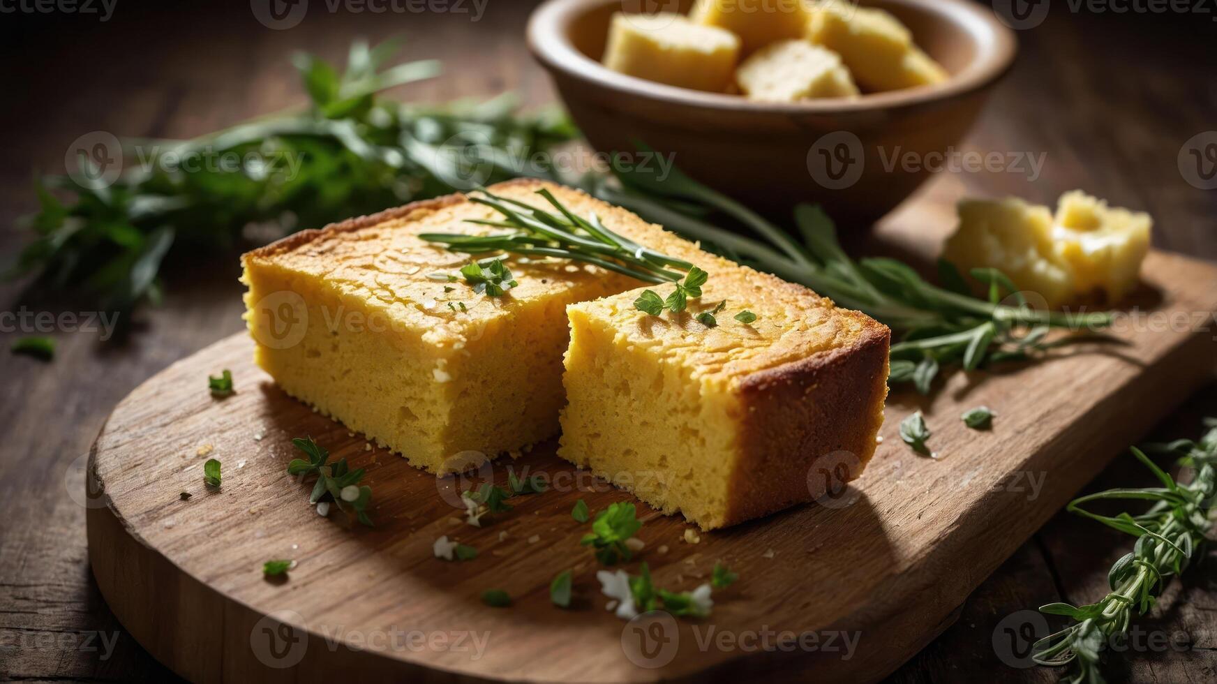 A slice of cornbread on a wooden board, garnished with herbs and accompanied by bread cubes. photo