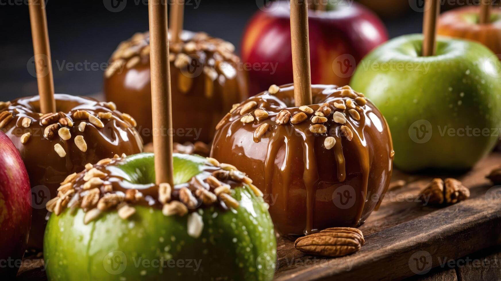 A close-up of caramel and candy apples on a wooden platter, showcasing a delicious treat. photo