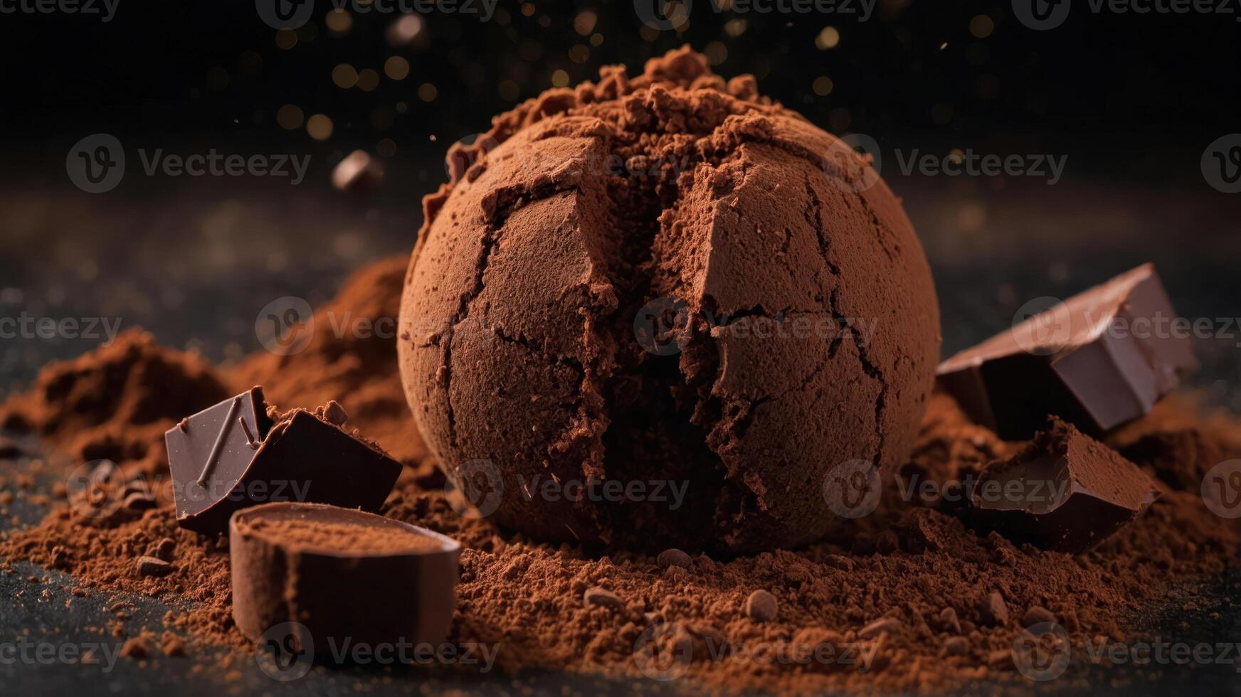 A cocoa ball surrounded by chocolate pieces and cocoa powder, emphasizing indulgent desserts. photo