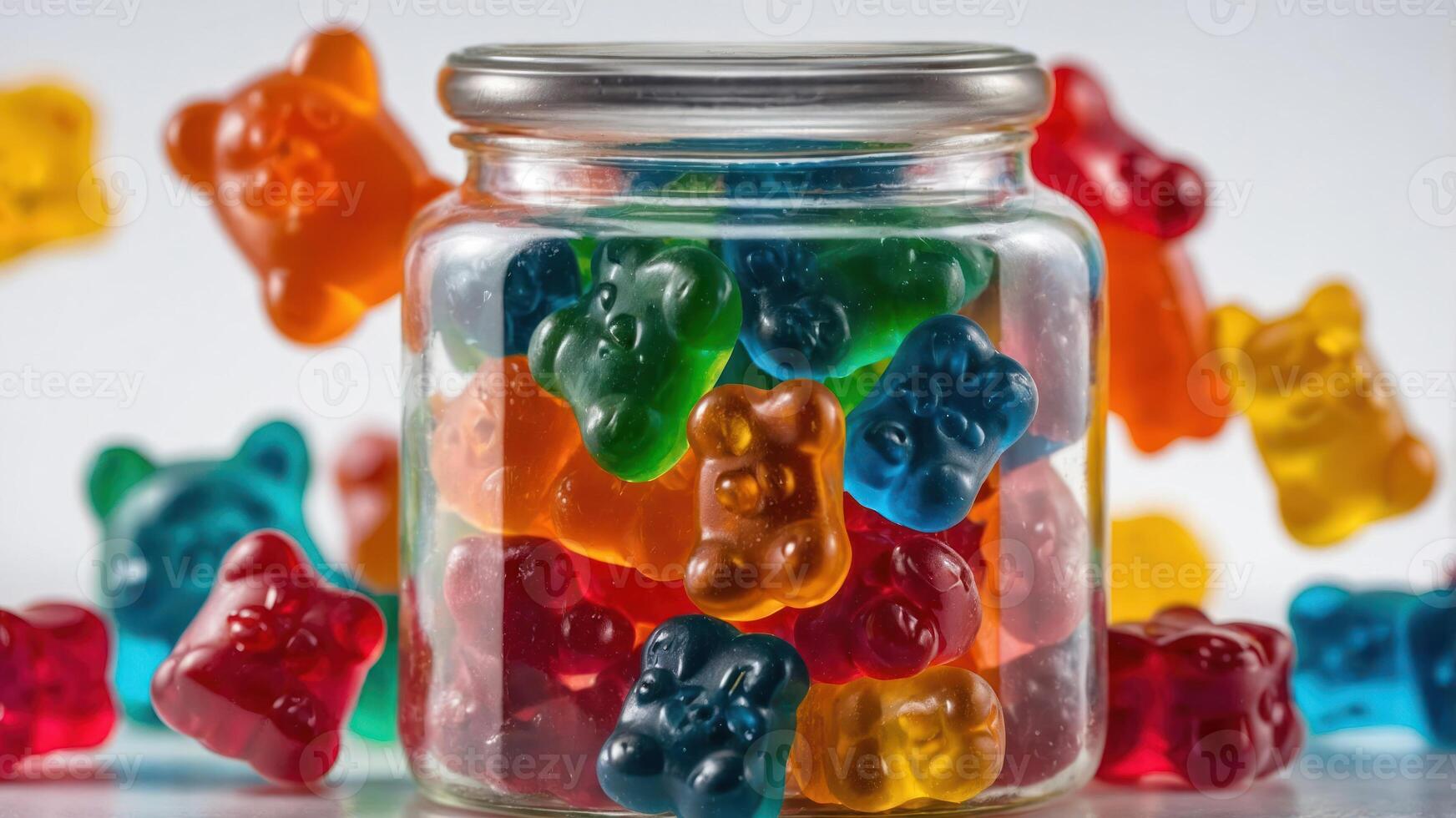 A jar filled with colorful gummy bears, surrounded by scattered candies. photo