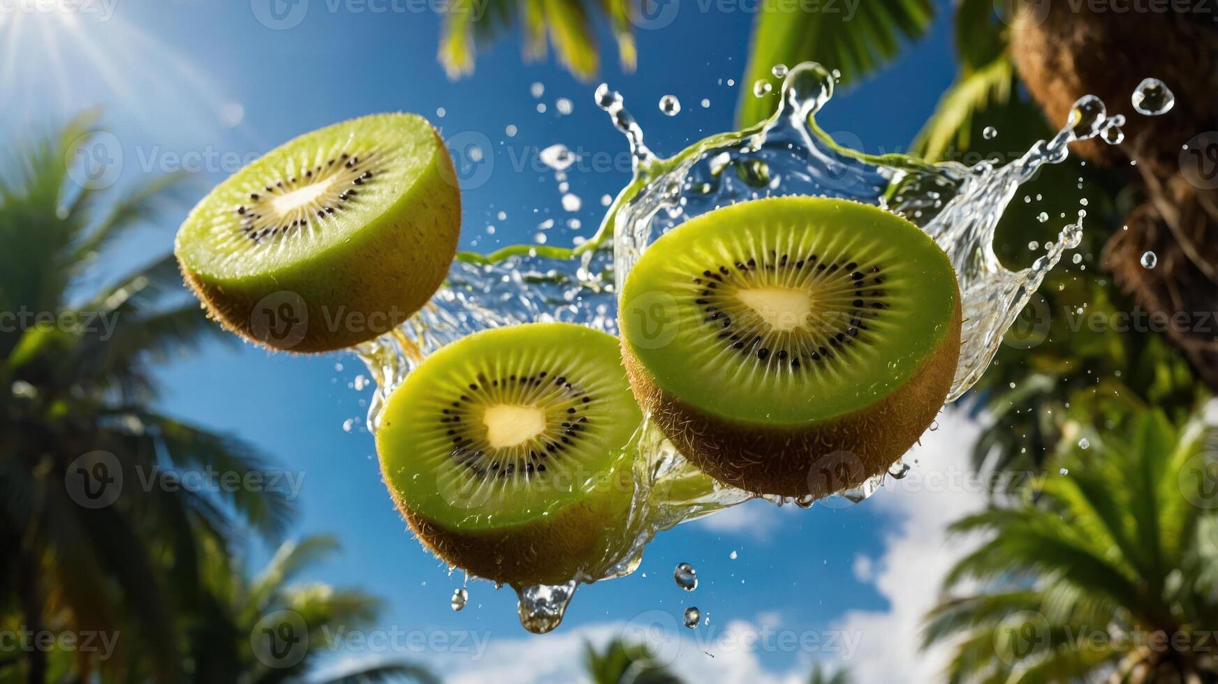 Sliced kiwi fruits splashing in water with palm trees in the background. photo