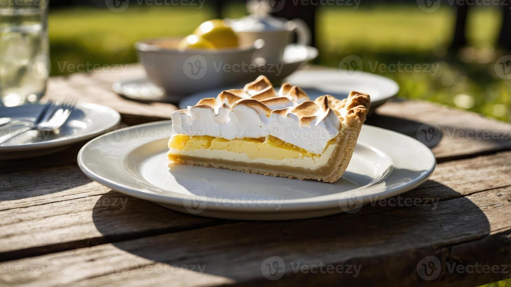 A slice of lemon meringue pie on a plate in a sunny outdoor setting. photo