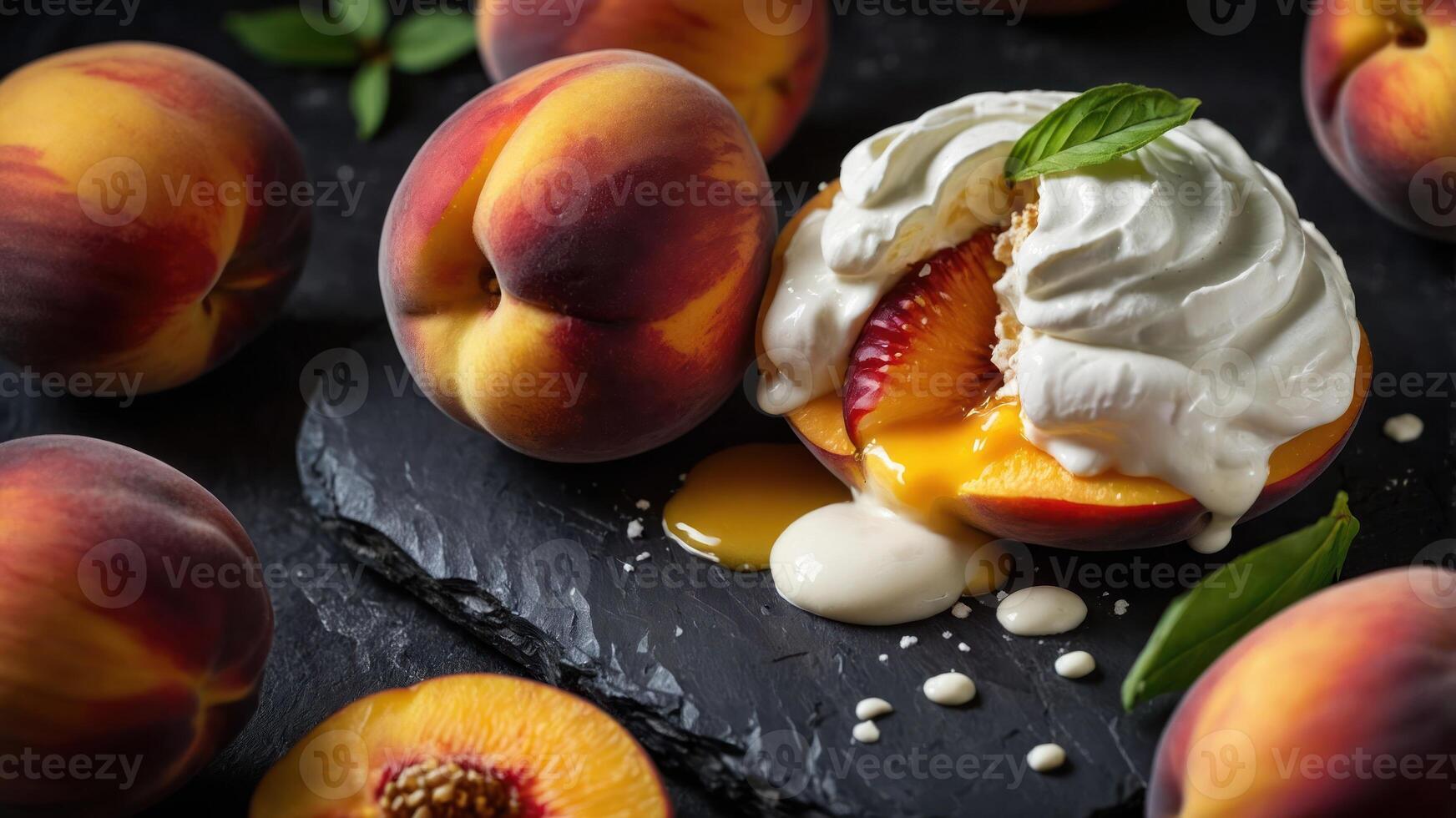 A vibrant display of peaches with cream and syrup, emphasizing freshness and indulgence. photo