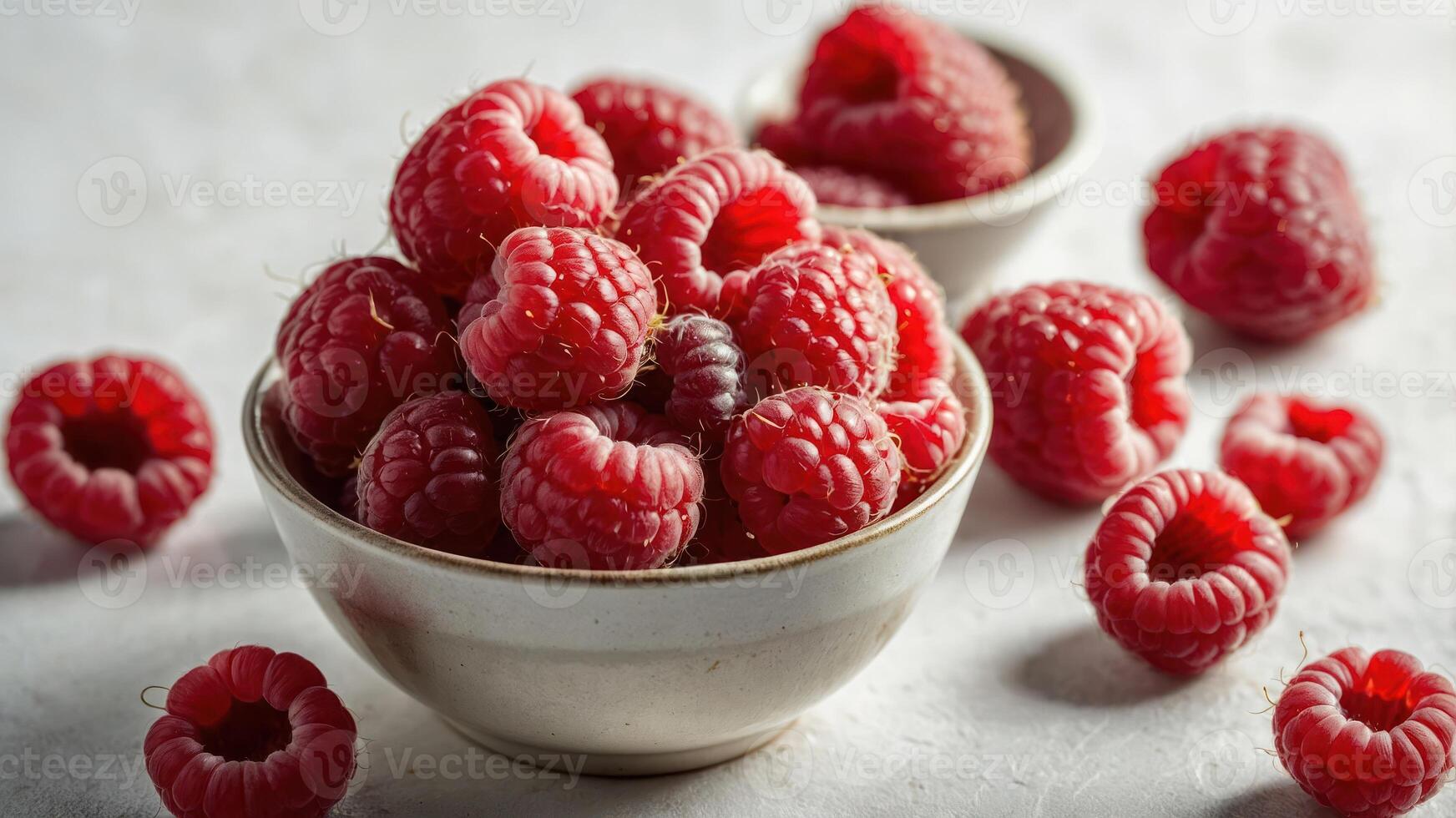 A bowl filled with fresh raspberries, showcasing their vibrant color and texture. photo