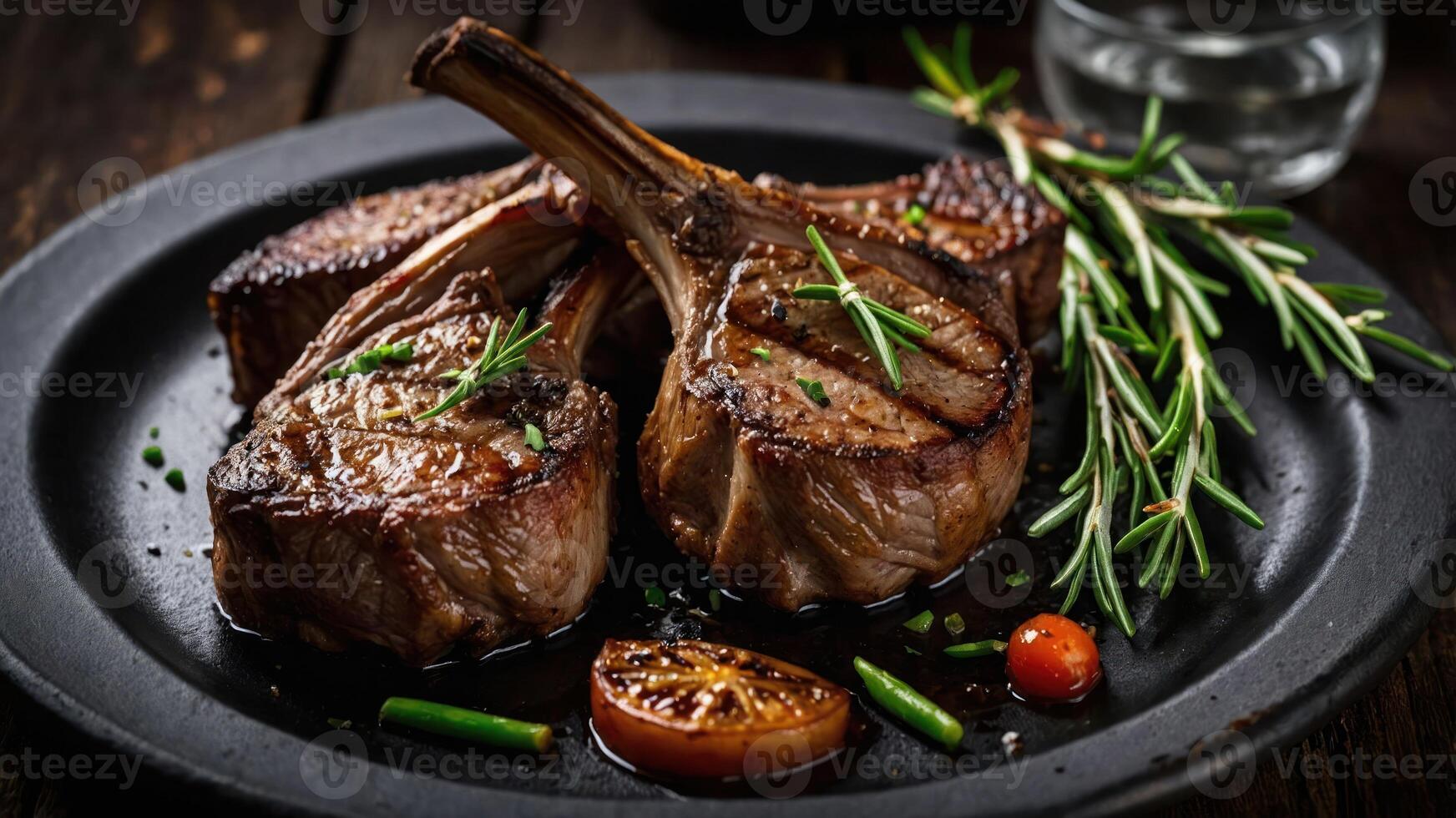 A plate of grilled lamb chops garnished with herbs and vegetables, showcasing culinary presentation. photo