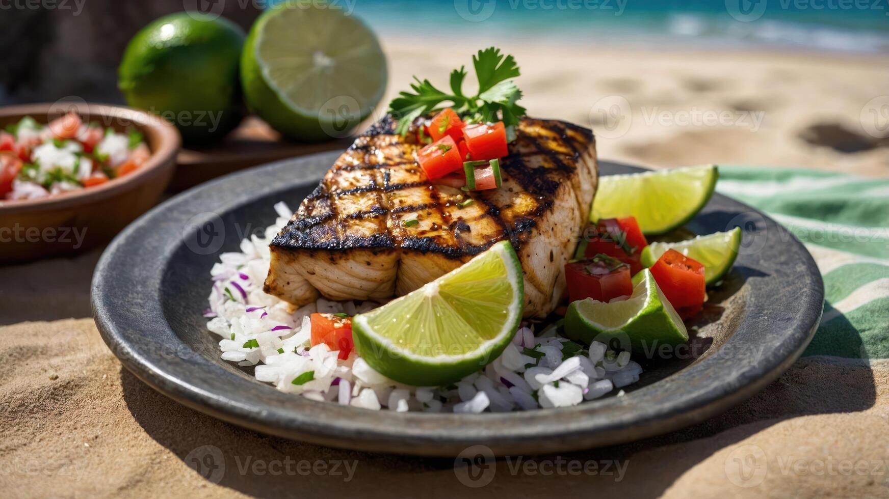 Grilled fish served on rice with lime and salsa, set on a sandy beach. photo