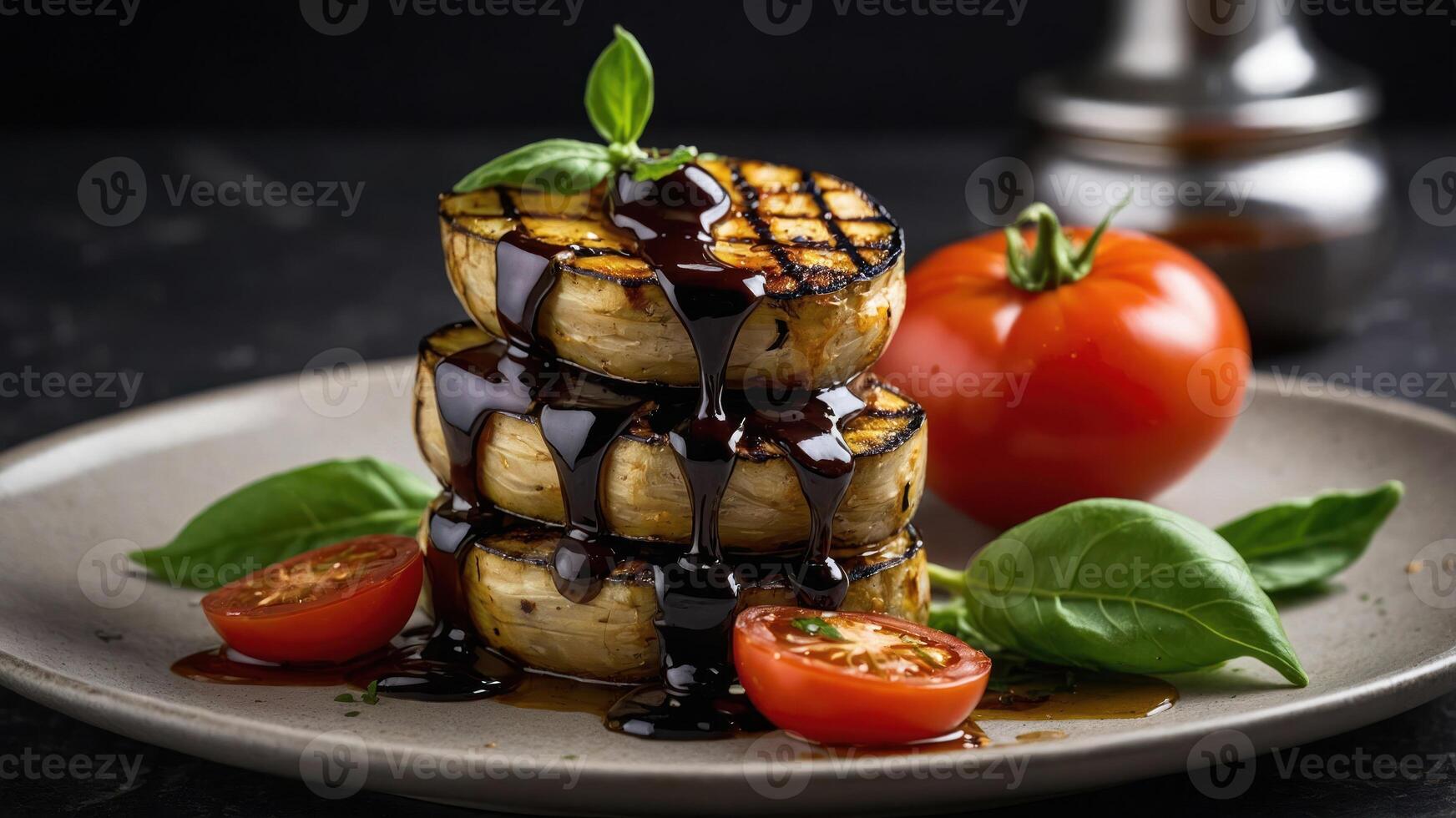 A gourmet dish featuring grilled vegetables, garnished with basil and drizzled with sauce. photo