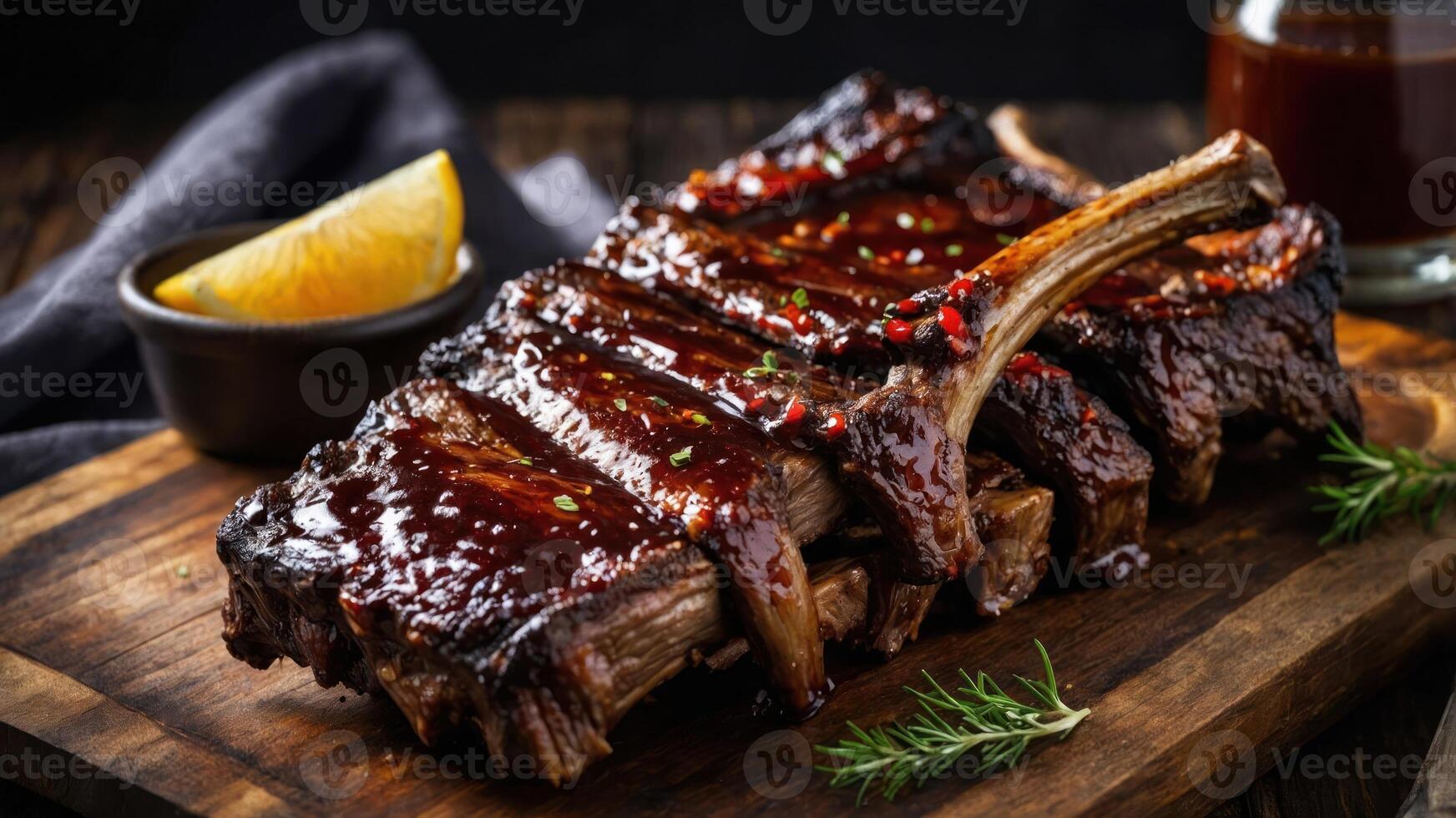 A beautifully glazed rack of ribs served with a slice of lemon and barbecue sauce. photo