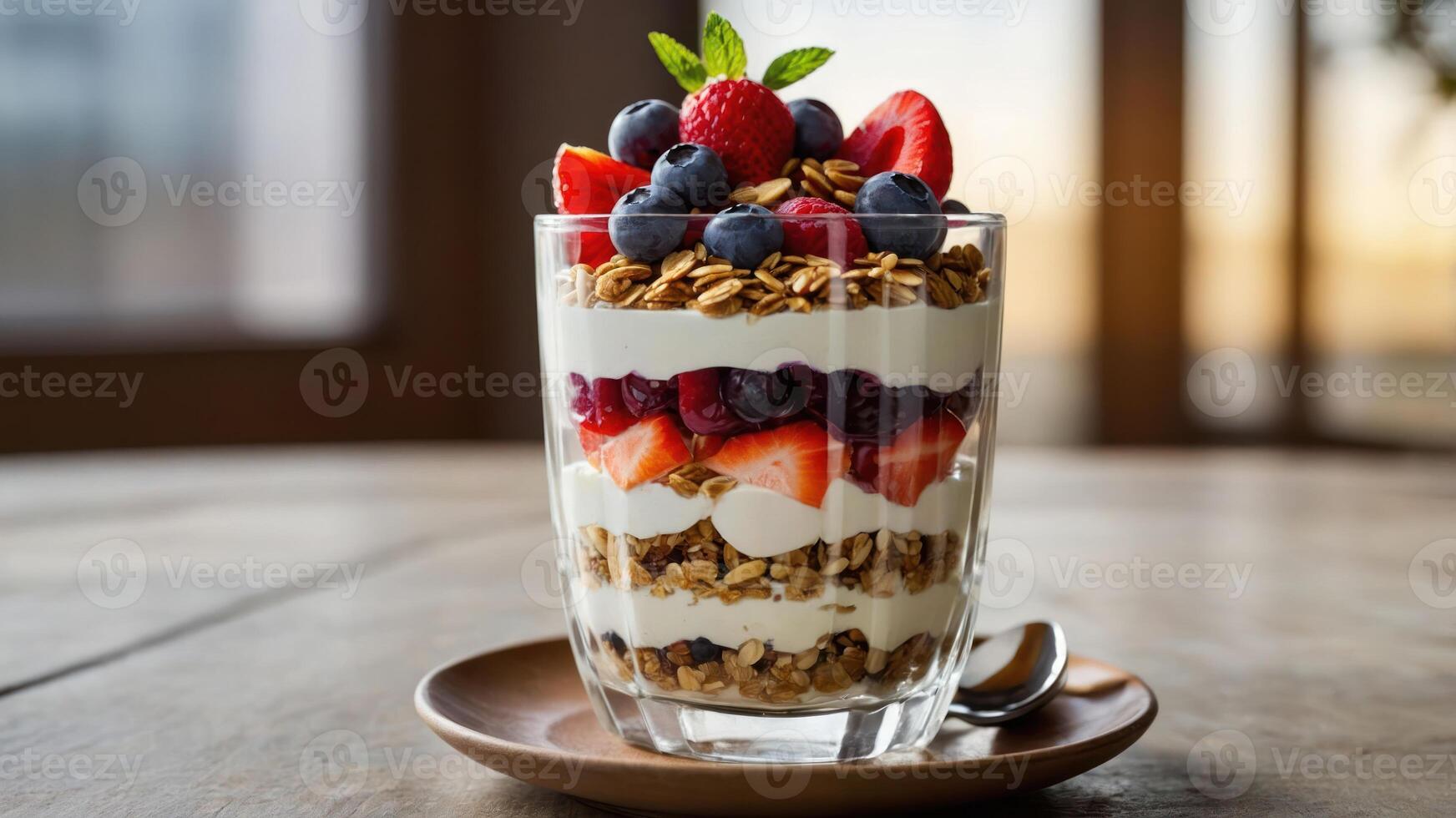 A layered parfait with yogurt, granola, and fresh berries in a glass cup. photo
