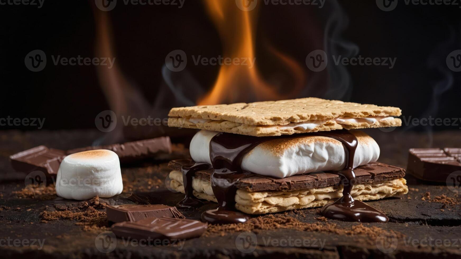 A delicious s'more with melted chocolate and toasted marshmallow, set against a dark background. photo