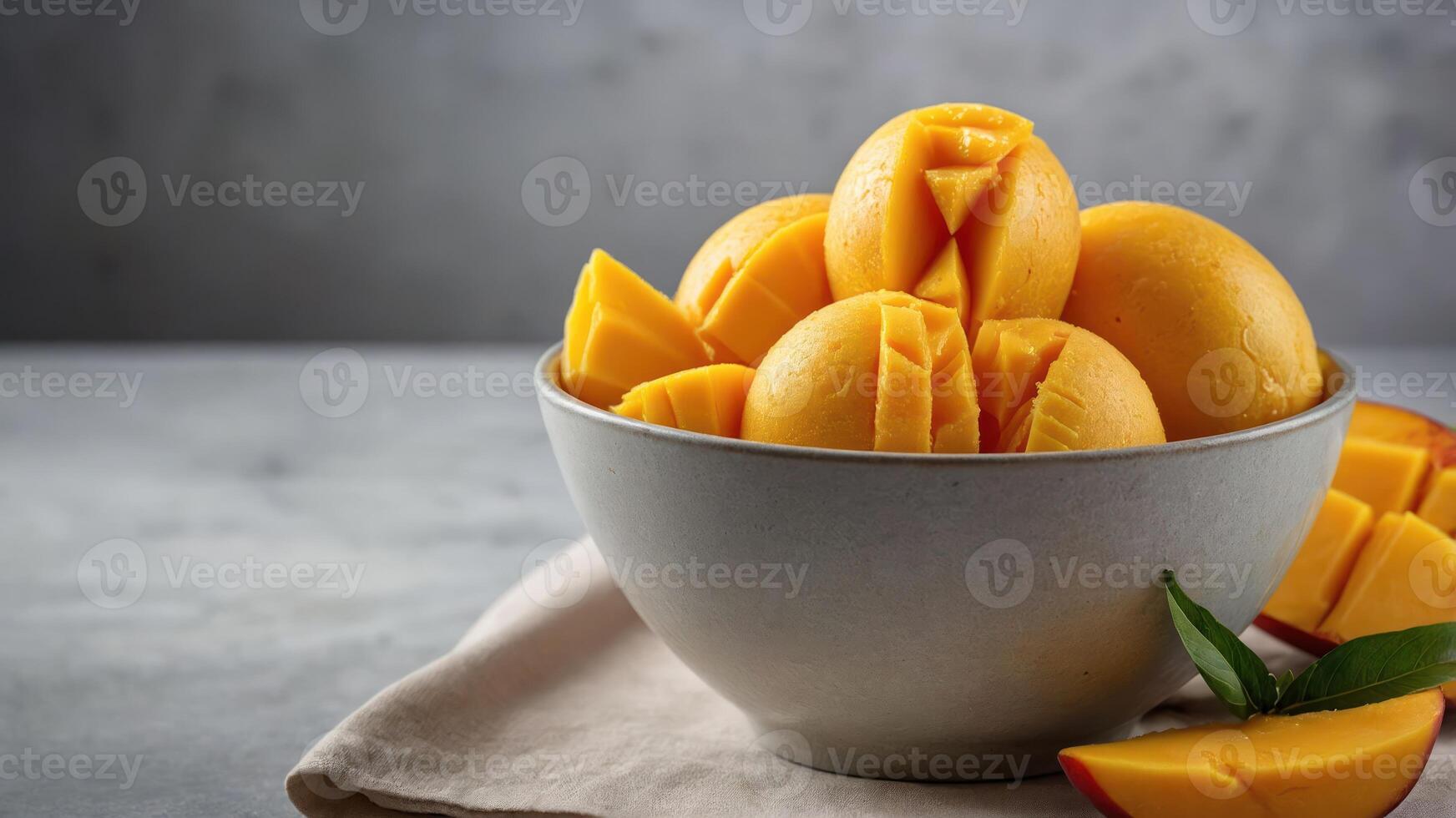 A bowl of mango sorbet with fresh mango slices and a leaf, showcasing a refreshing dessert. photo