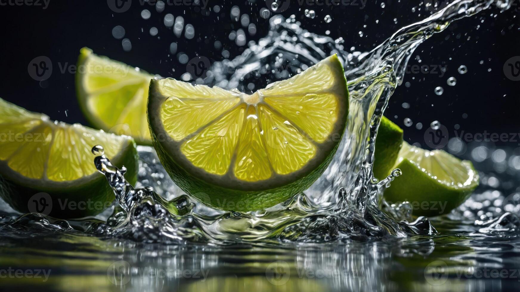 Fresh lime slices splashing in water, showcasing vibrant colors and dynamic movement. photo