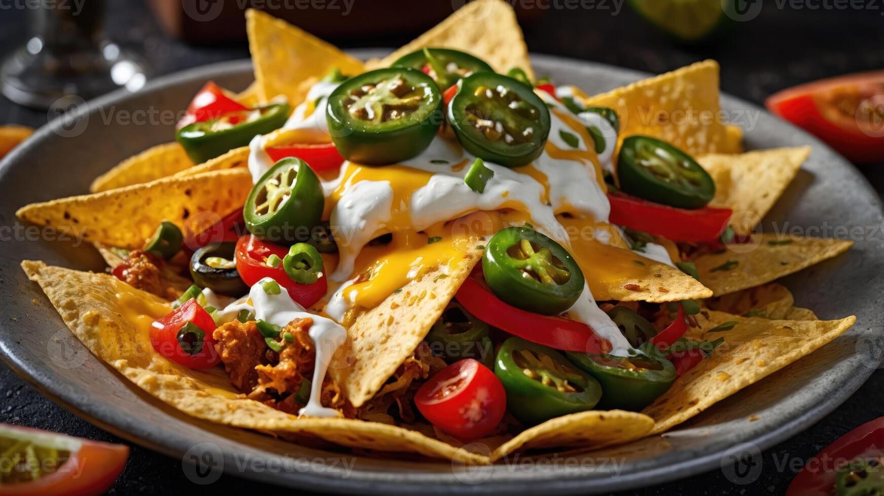 A vibrant plate of nachos topped with jalapeos, tomatoes, sour cream, and cheese. photo