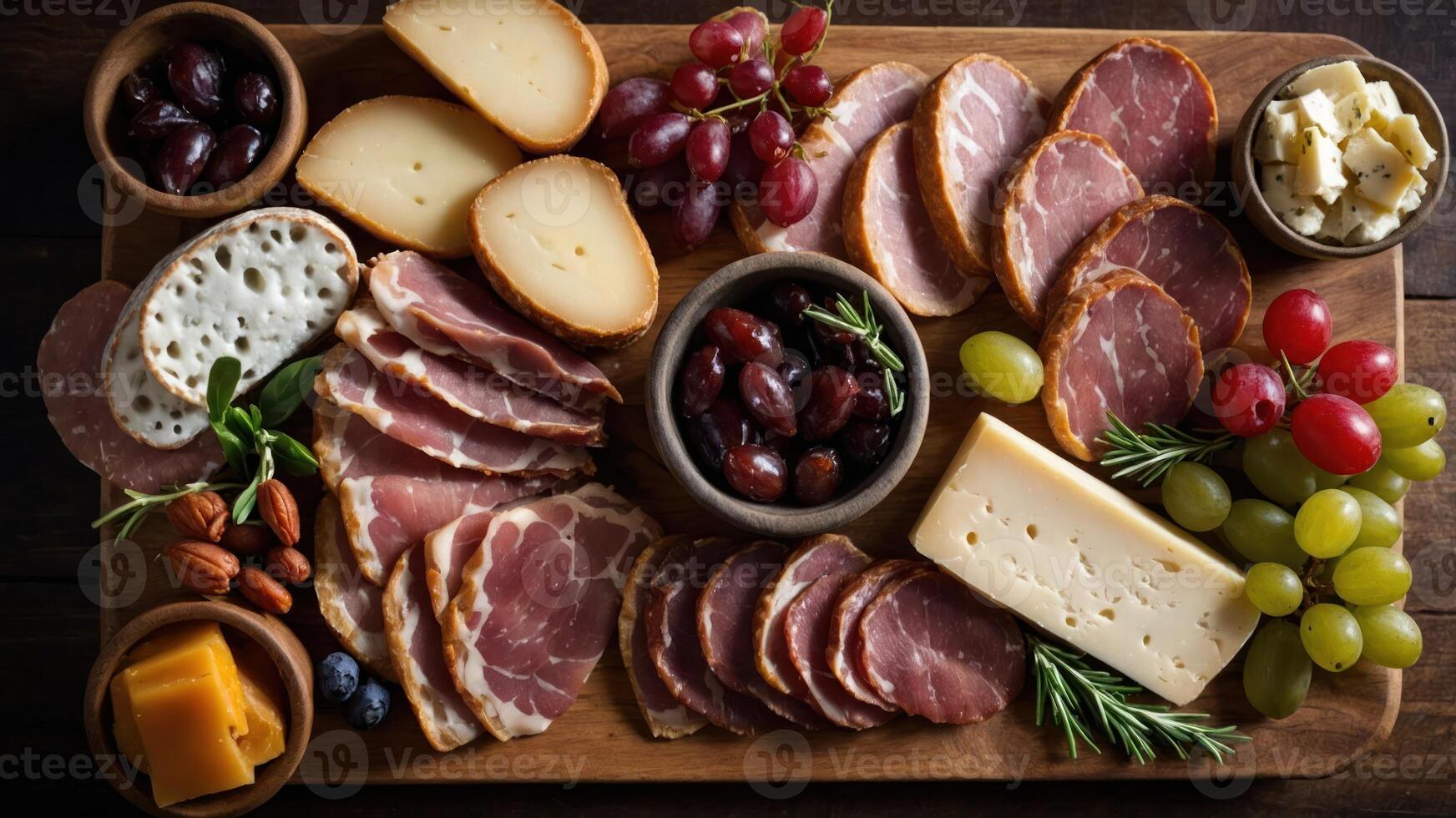 A beautifully arranged charcuterie board with meats, cheeses, fruits, and nuts for sharing. photo