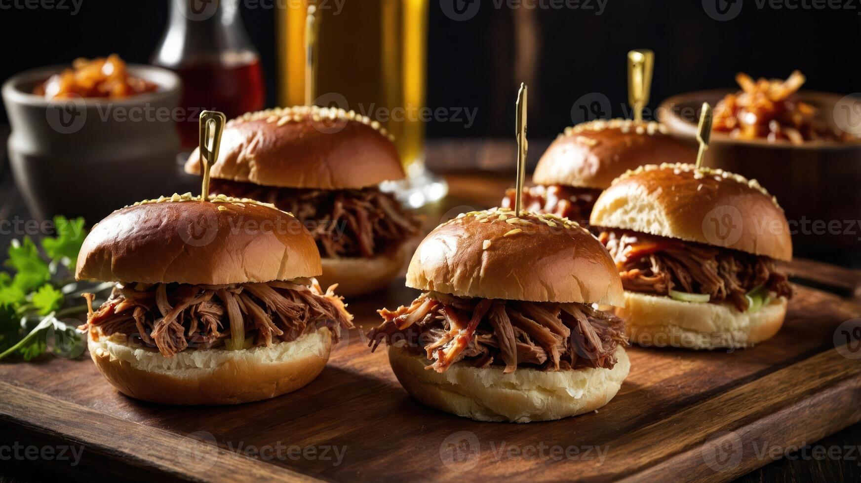 A platter of pulled pork sliders on a wooden board, garnished for a delicious meal. photo