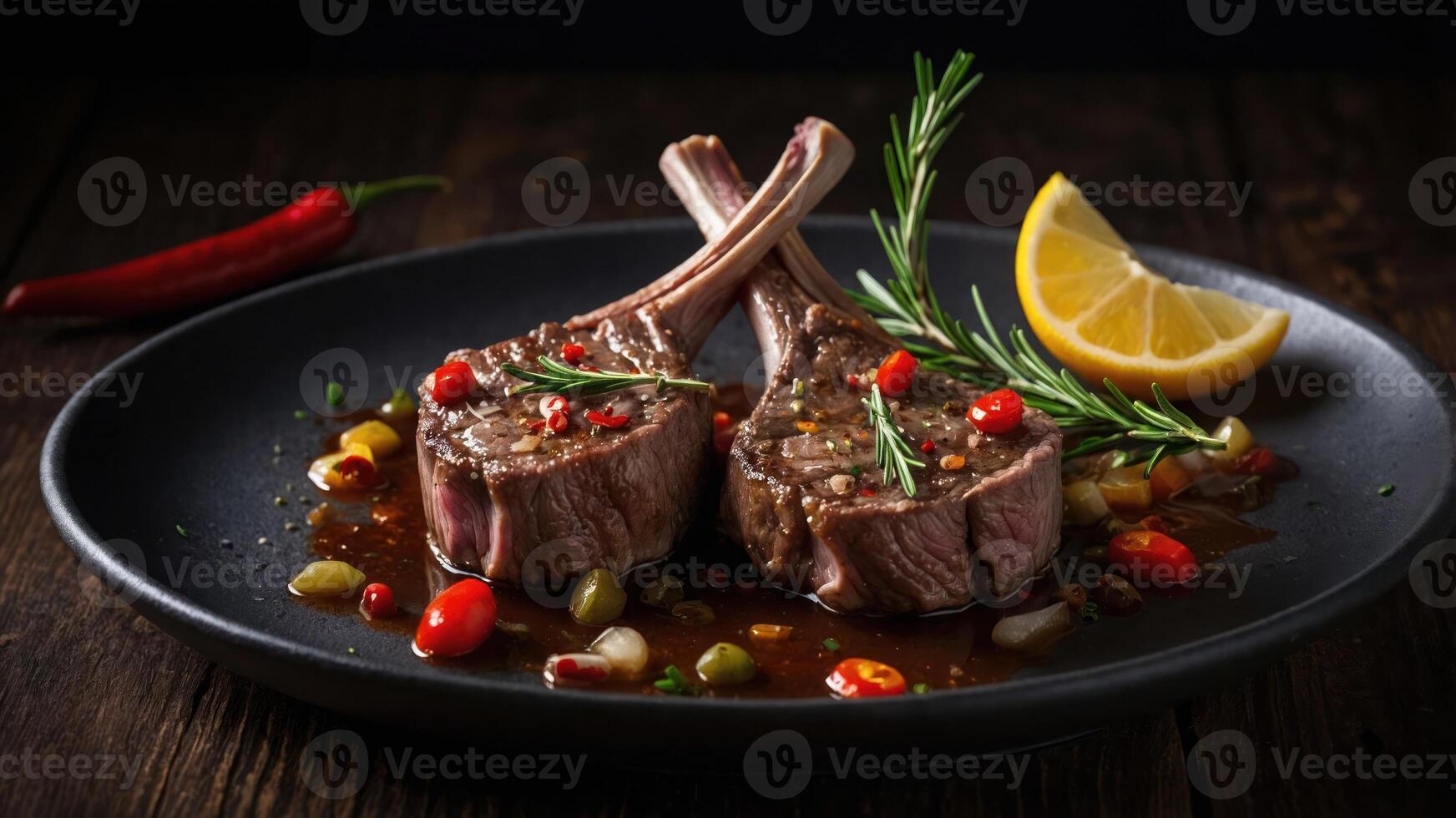 A beautifully plated dish of lamb chops garnished with herbs, chili, and lemon. photo