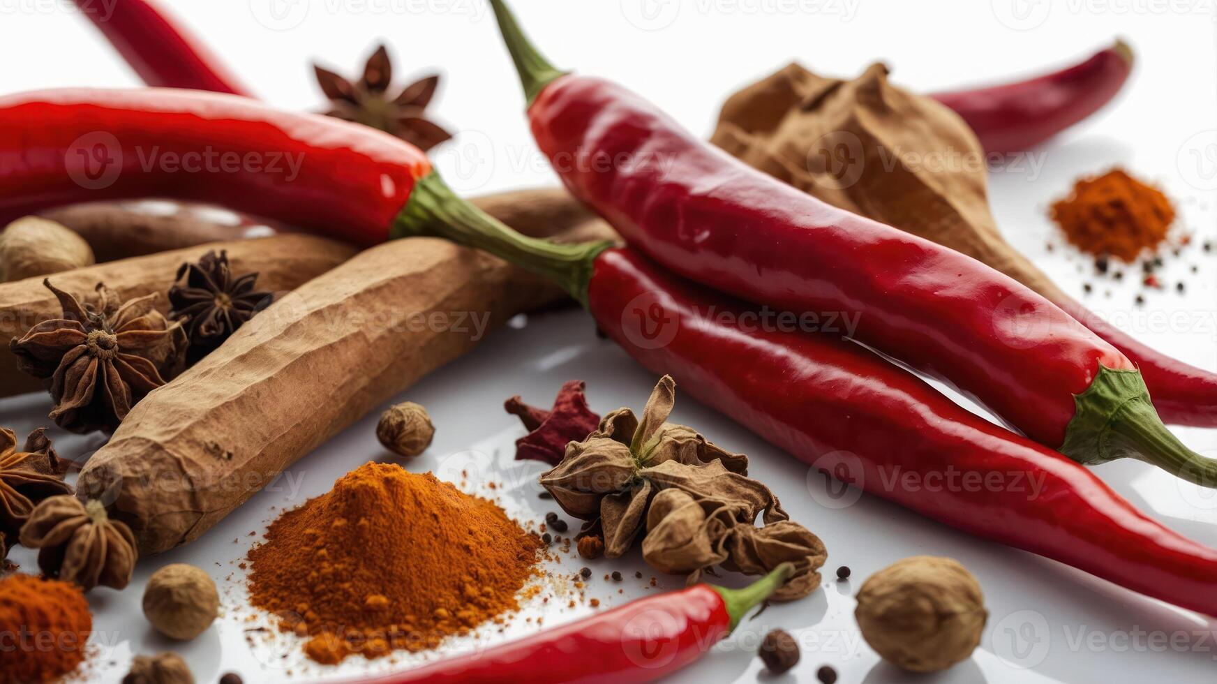 A vibrant assortment of red chilies and spices arranged artistically for culinary use. photo