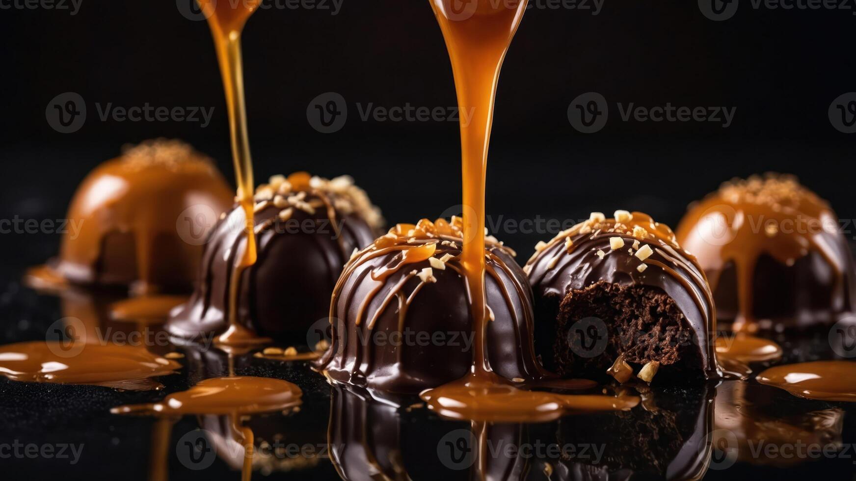 Delicious chocolate truffles drizzled with caramel and topped with nuts. photo