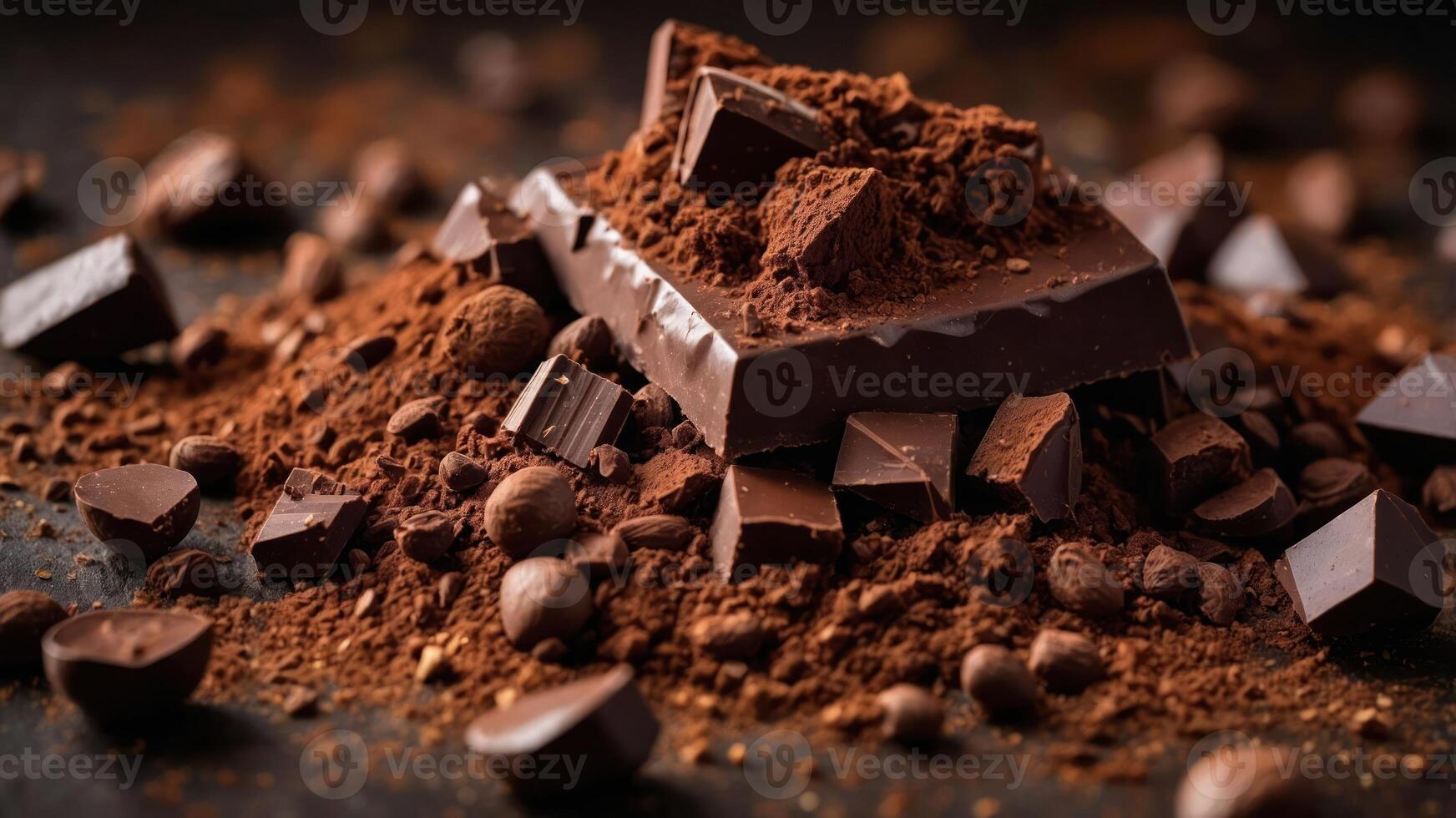 A rich arrangement of chocolate bars and cocoa powder, showcasing indulgence and culinary delight. photo