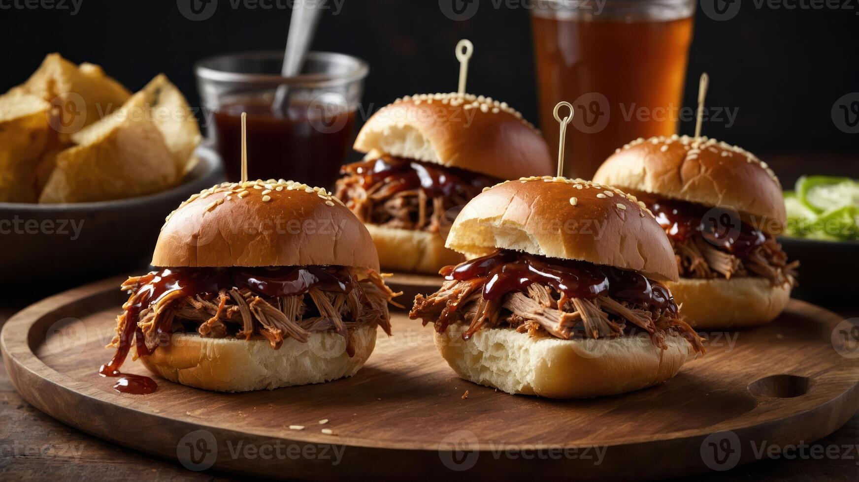 Four pulled pork sliders with barbecue sauce on a wooden board, accompanied by sides. photo