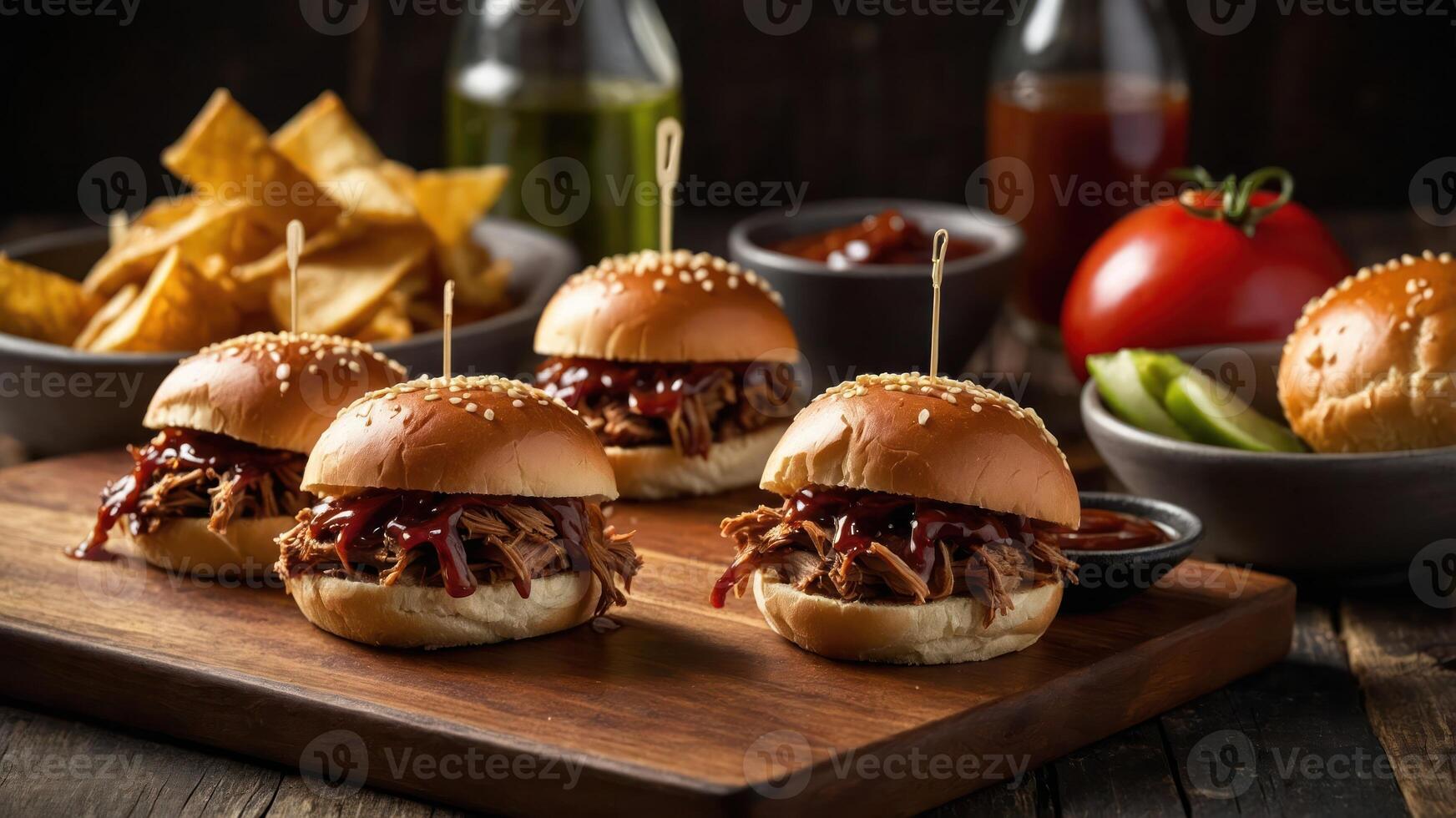 A platter of pulled pork sliders with sides of chips, sauces, and fresh vegetables. photo