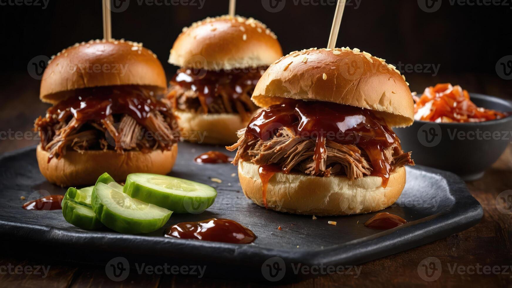 Three pulled pork sliders with barbecue sauce and pickles on a dark wooden surface. photo
