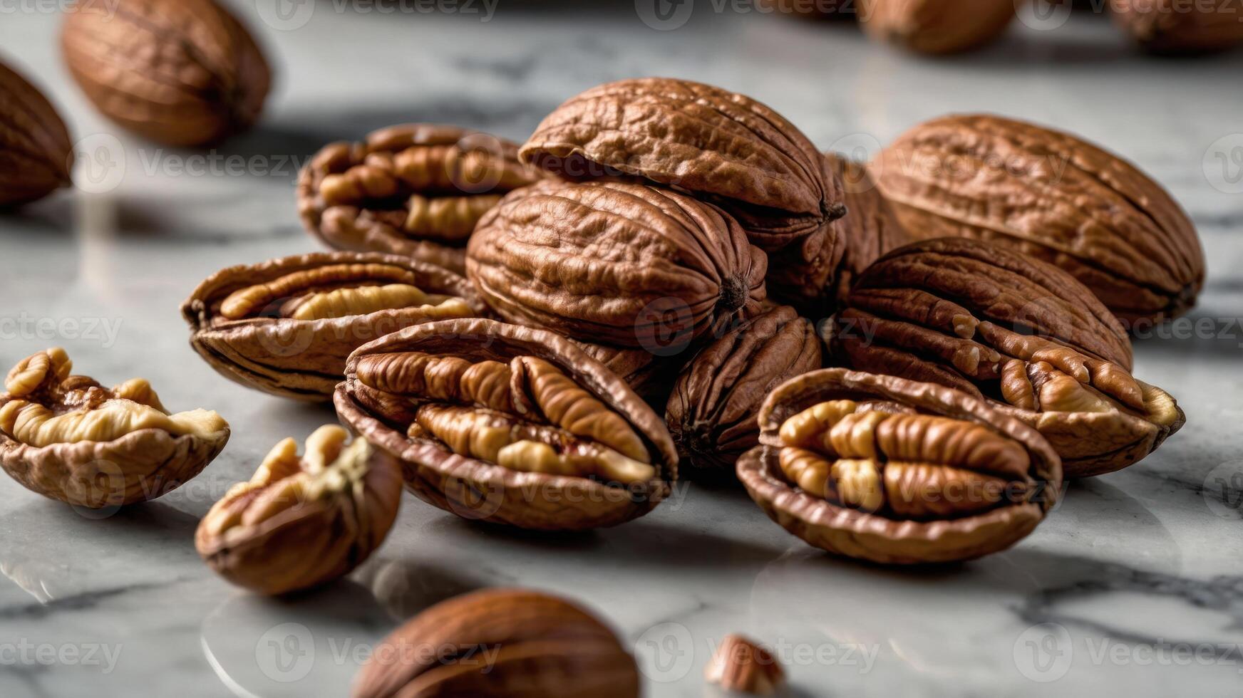 A close-up of pecan nuts in their shells on a marble surface. photo