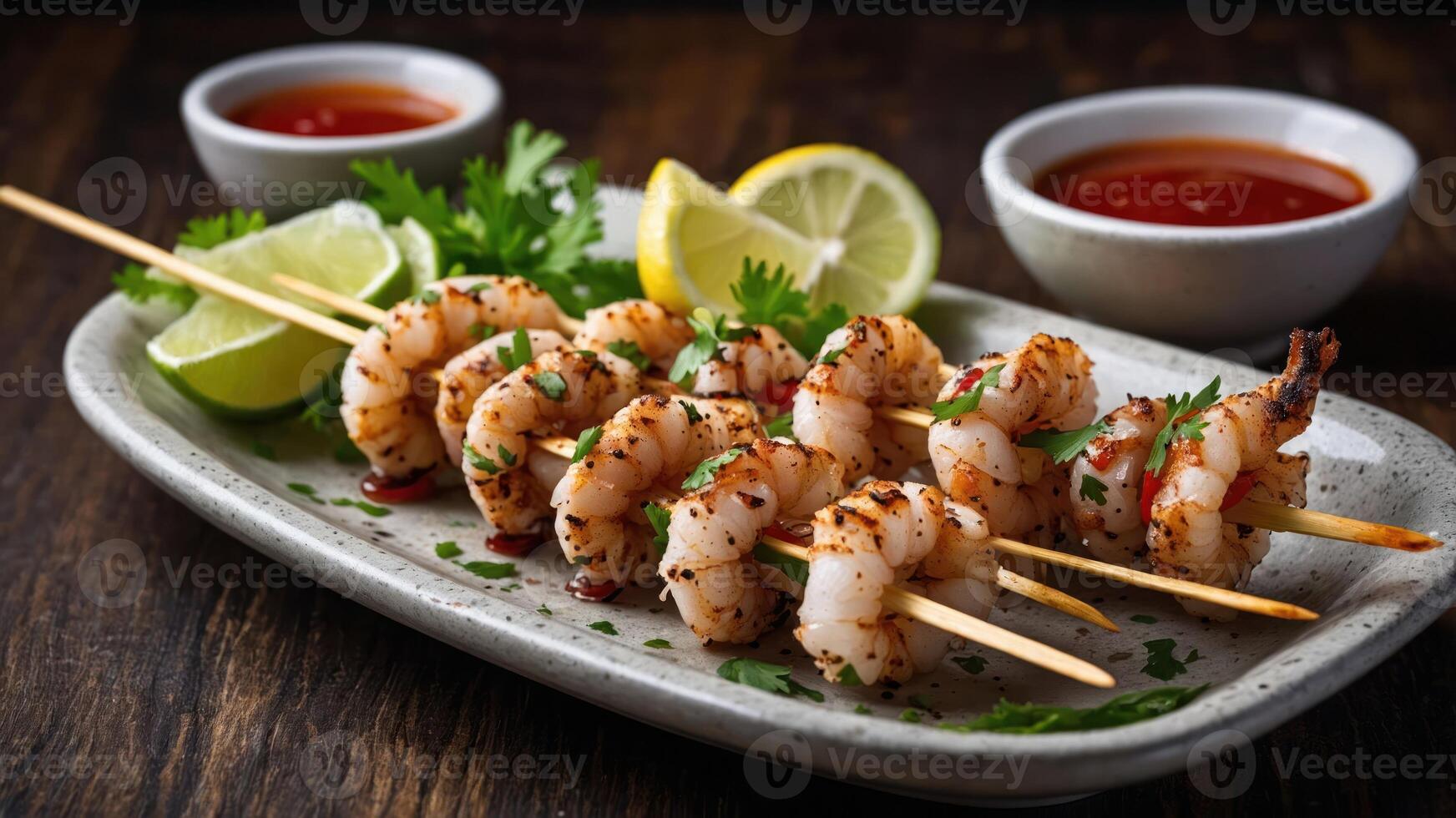 Grilled shrimp skewers served with lemon, lime, and dipping sauces on a plate. photo