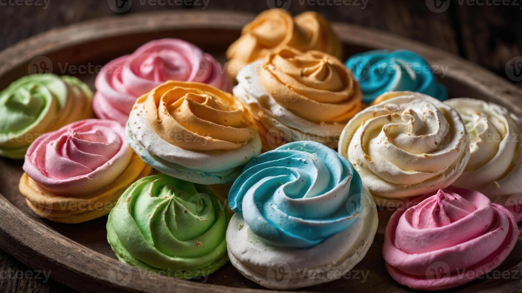A colorful assortment of decorative meringue cookies arranged on a wooden platter. photo