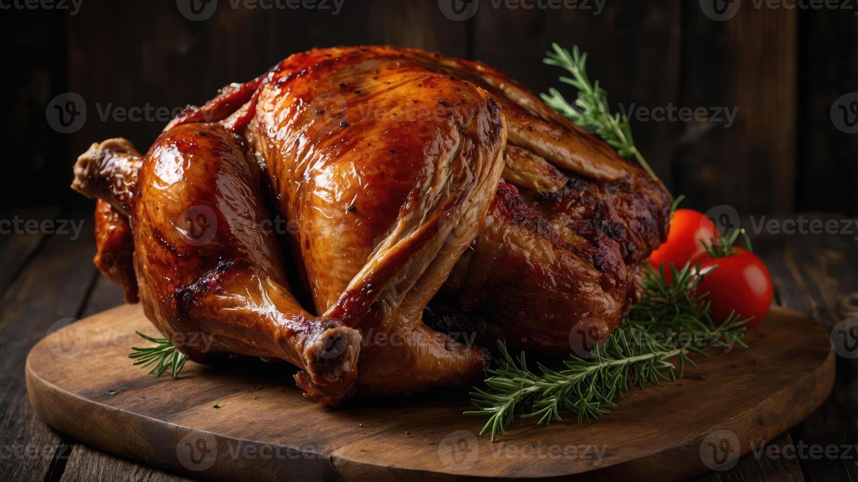 A beautifully roasted turkey on a wooden board, garnished with herbs and tomatoes. photo