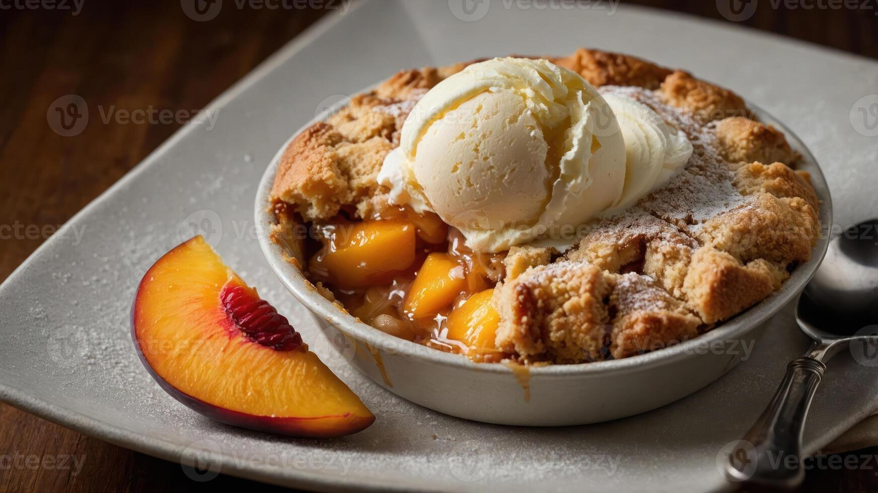 A warm peach cobbler topped with ice cream, served with a slice of fresh peach. photo