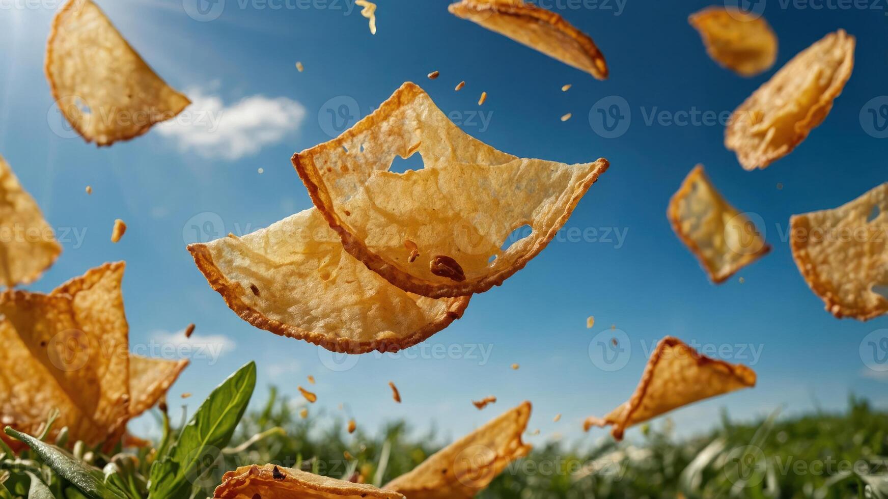 Floating crispy snacks against a blue sky, showcasing a playful food concept. photo