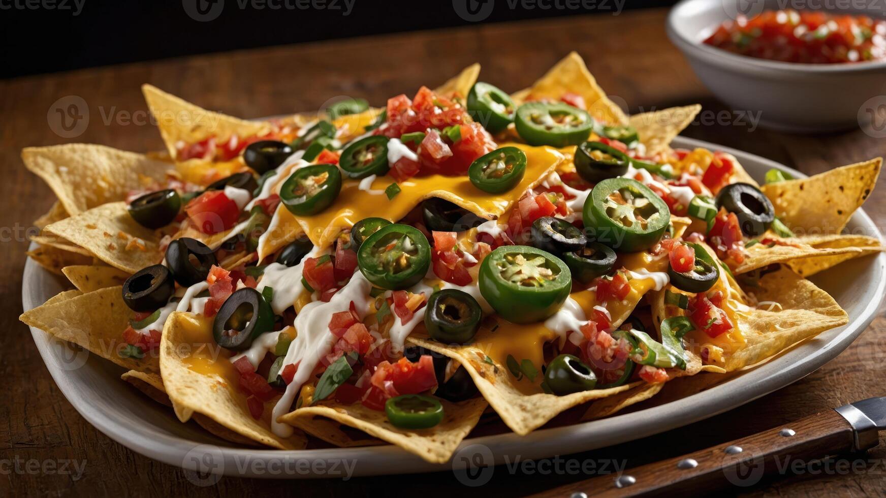 A plate of nachos topped with cheese, jalapeos, olives, and salsa, perfect for sharing. photo