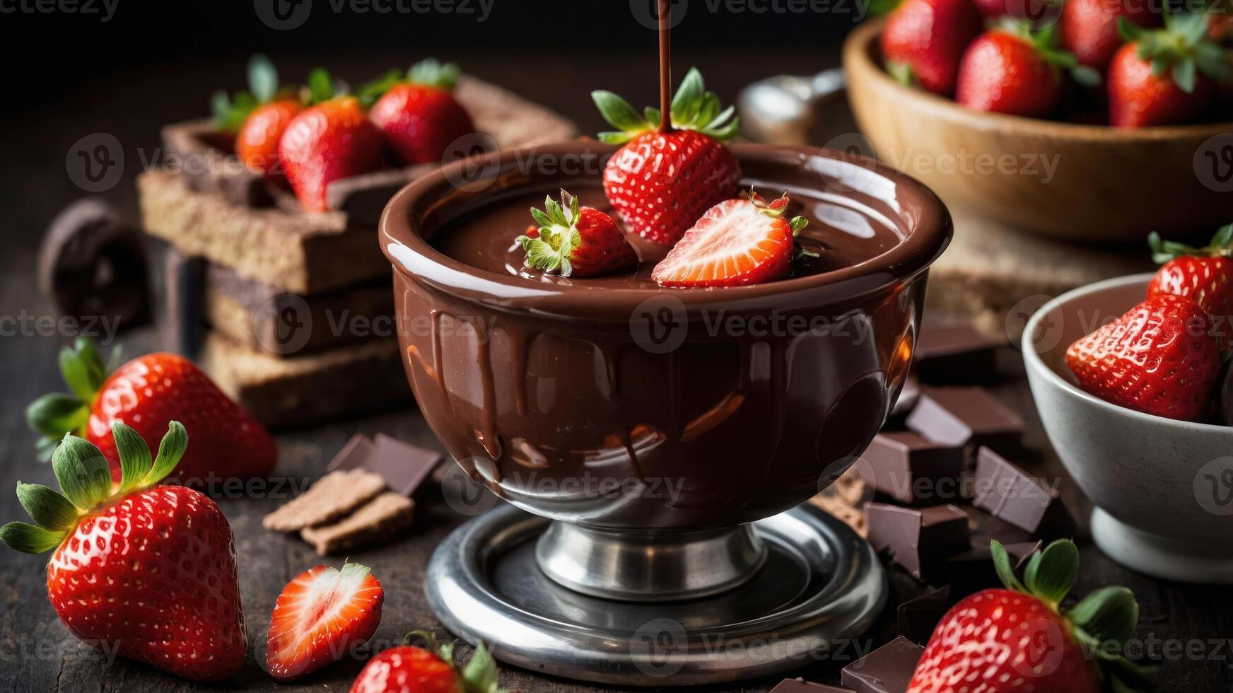 A rich chocolate fondue pot surrounded by fresh strawberries and chocolate pieces. photo