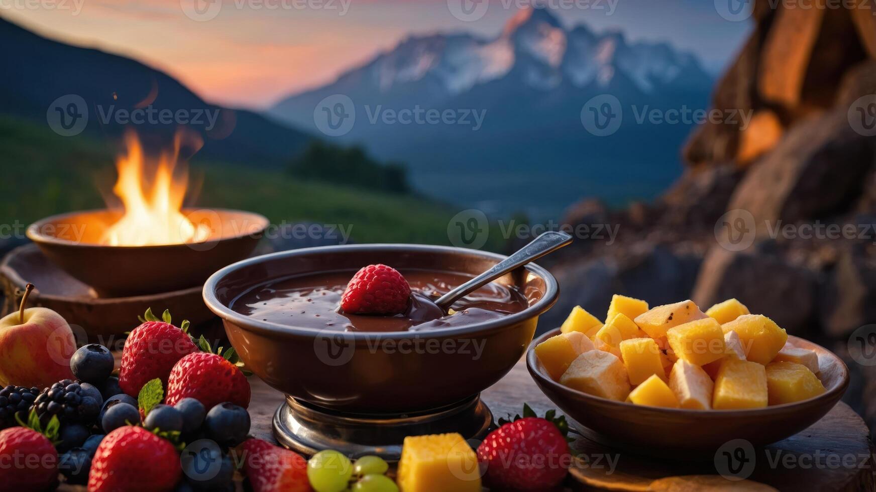 A scenic outdoor dessert setup with chocolate fondue and fresh fruits by a campfire. photo