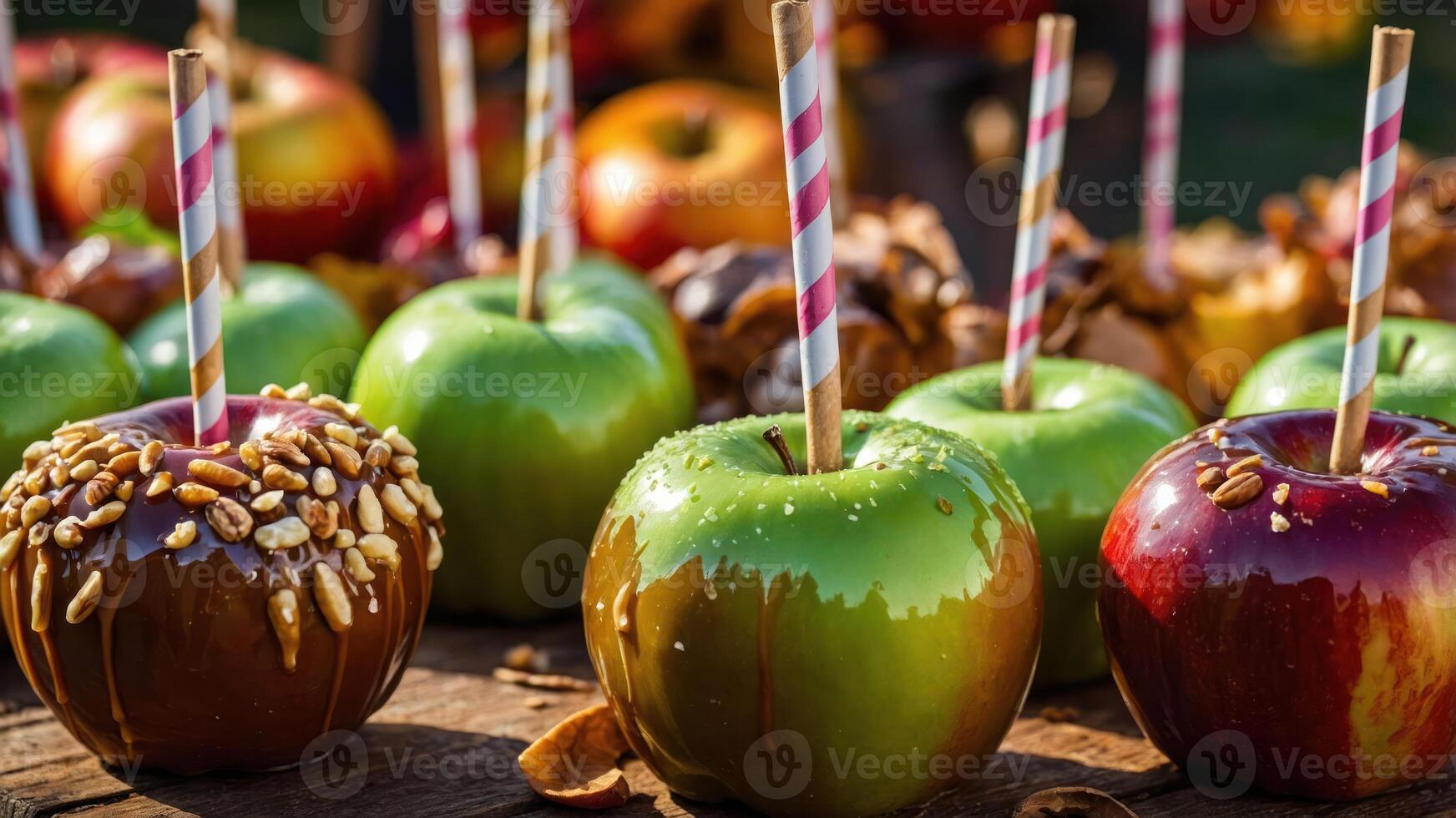 A colorful display of caramel and candy apples on a rustic wooden table. photo