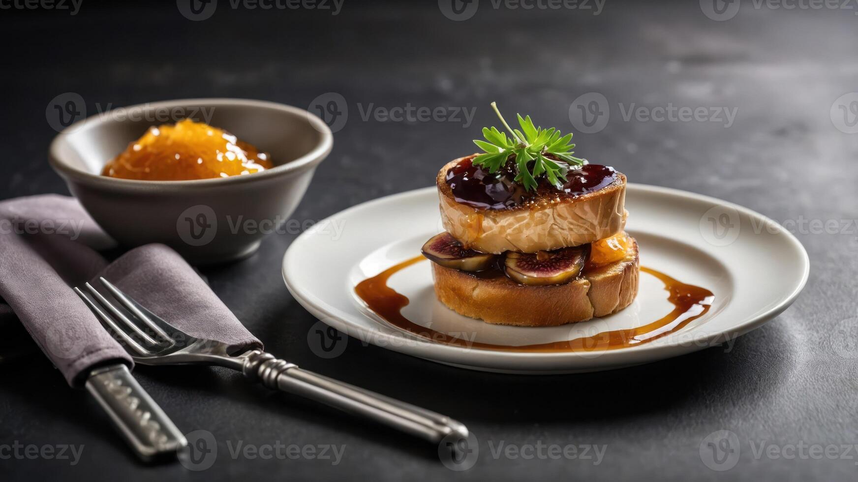 A gourmet dish featuring sliced bread, figs, and a fruit preserve, elegantly presented. photo