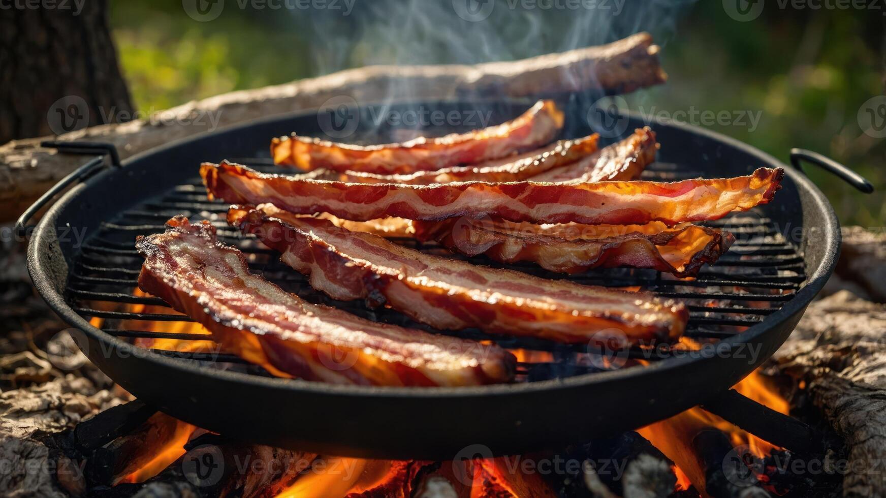 Grilled bacon strips sizzling over an open flame, creating a smoky and appetizing scene. photo