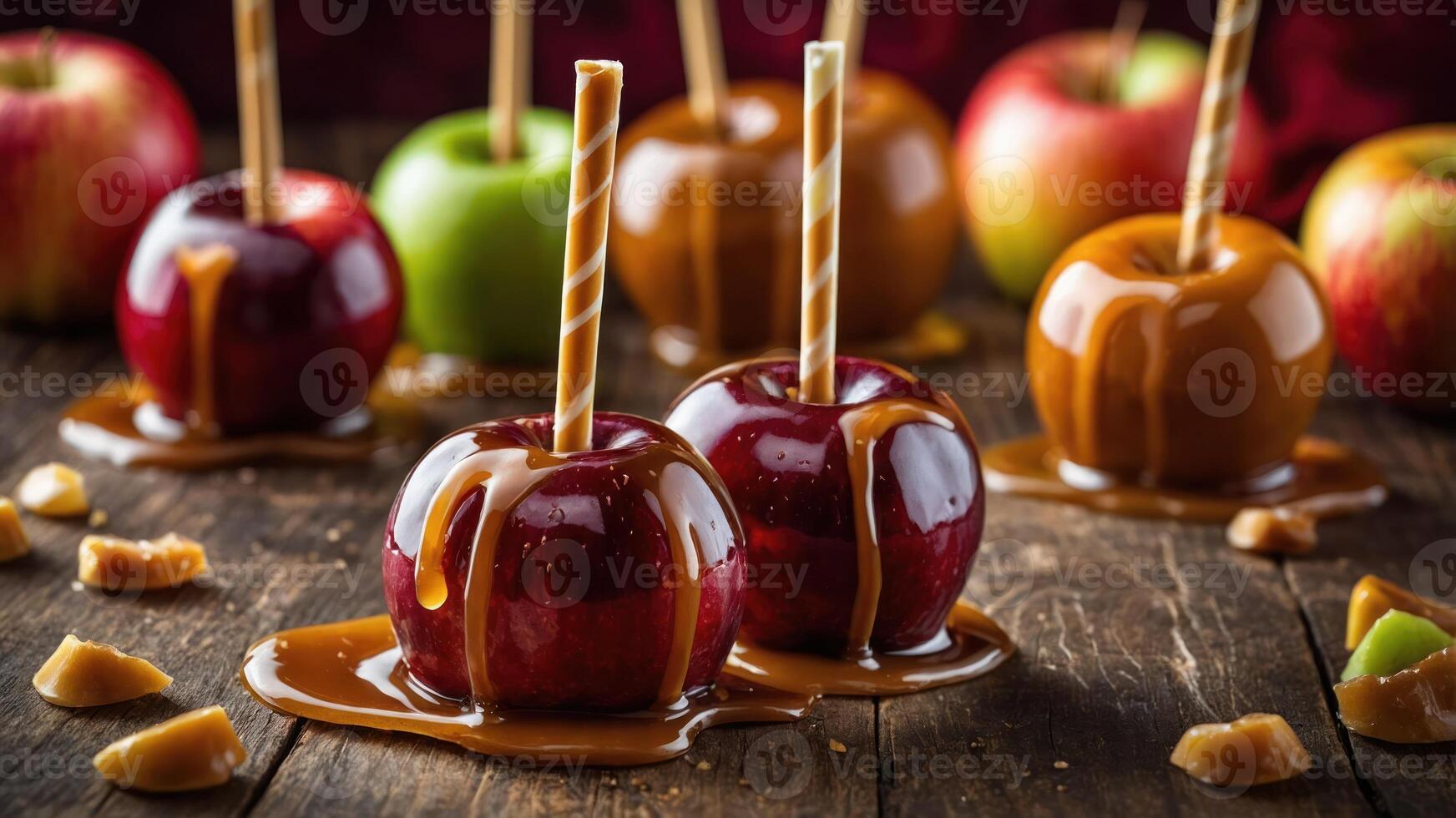 A tempting display of caramel and candy apples on a wooden surface. photo